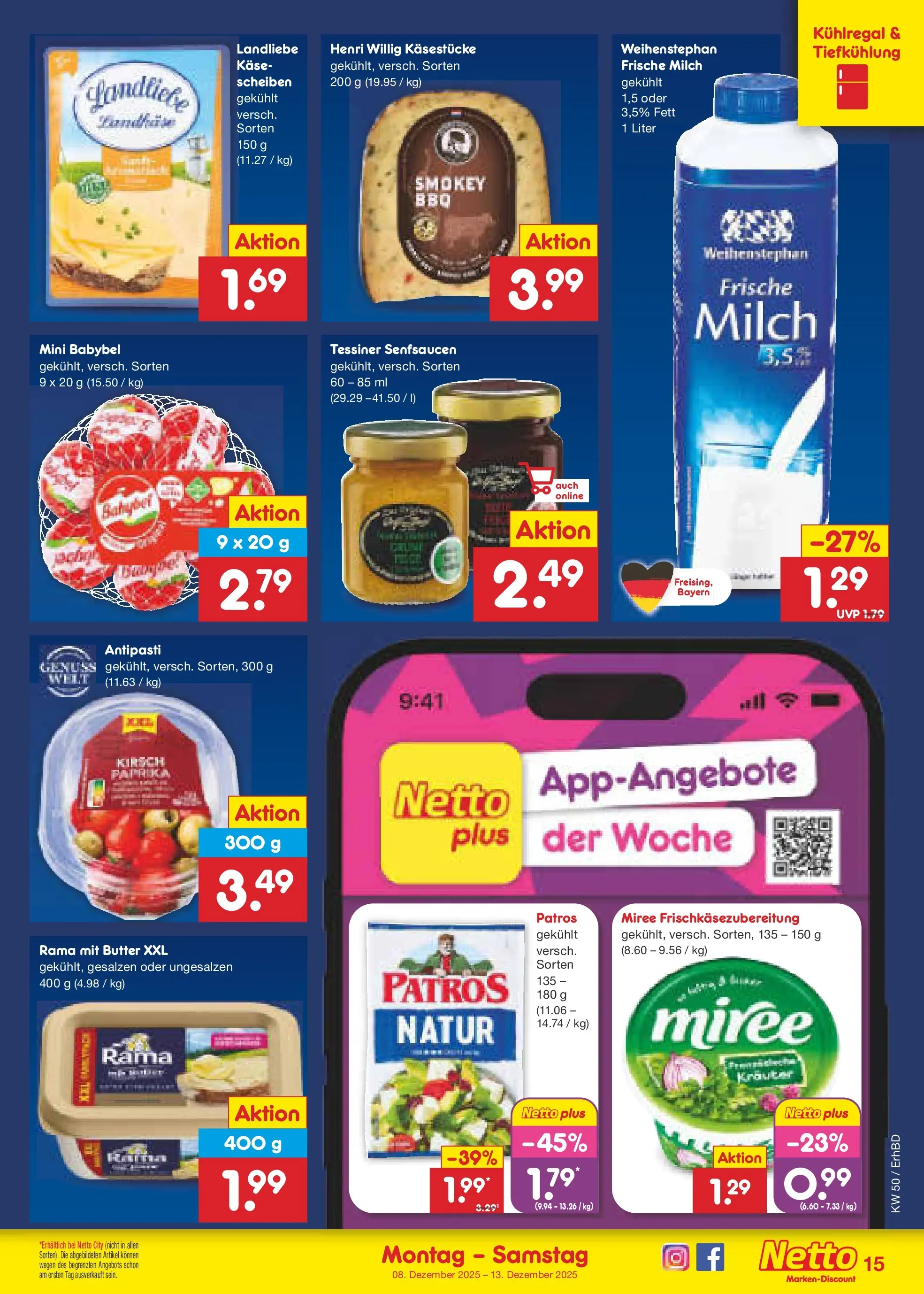 Netto Marken-Discount prospekt Ergolding	 (ab 08.12.2025) » Angebote | Seite: 15 | Produkte: Milch, Butter, Patros, Babybel