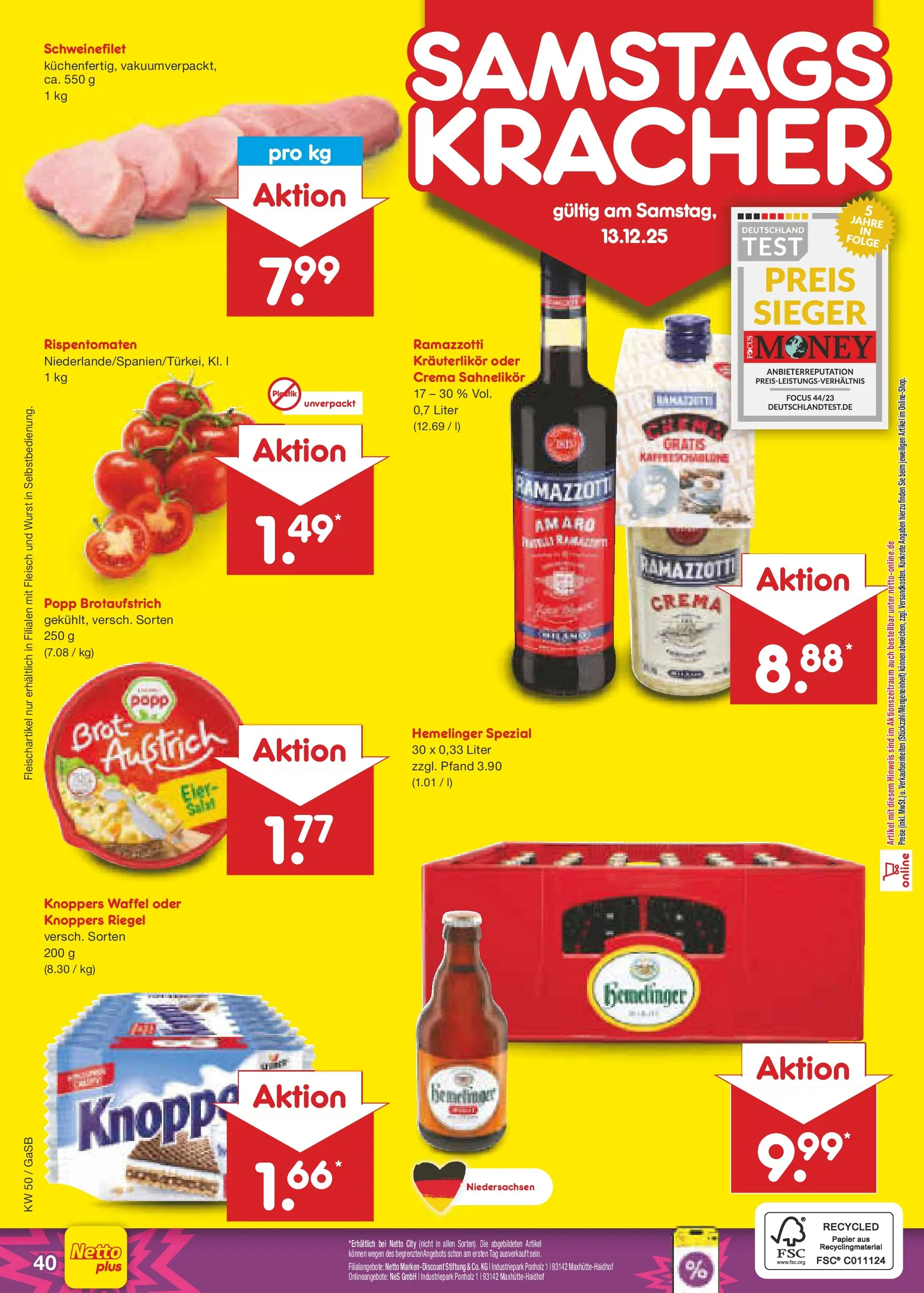 Netto Marken-Discount prospekt Bremen-Lesum	 (ab 07.12.2025) » Angebote | Seite: 48 | Produkte: Schweinefilet, Wurst, Brot, Ramazzotti