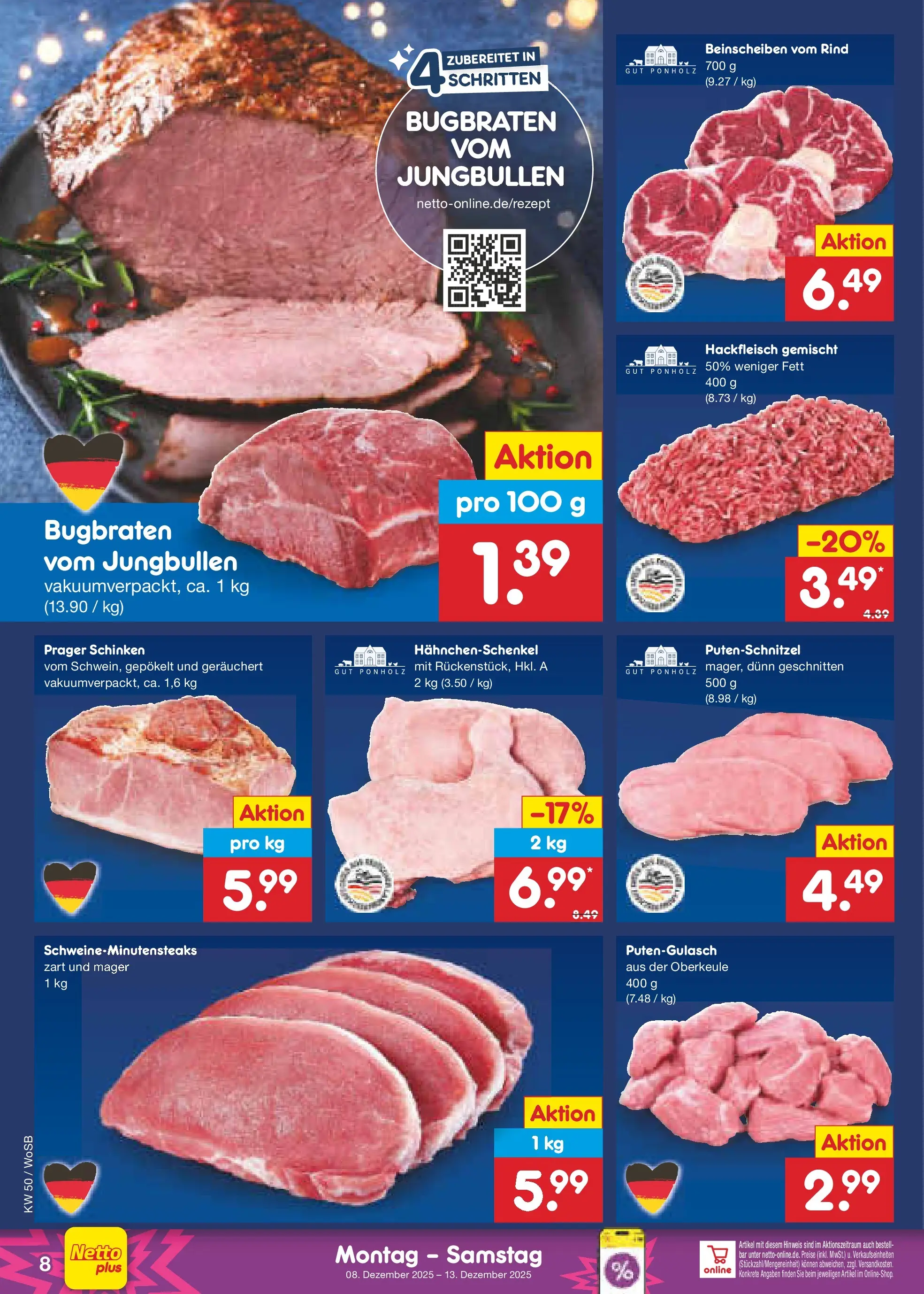 Netto Marken-Discount prospekt Frankfurt	 (ab 07.12.2025) » Angebote | Seite: 8 | Produkte: Hahnchenschenkel, Putenschnitzel, Schinken, Hackfleisch