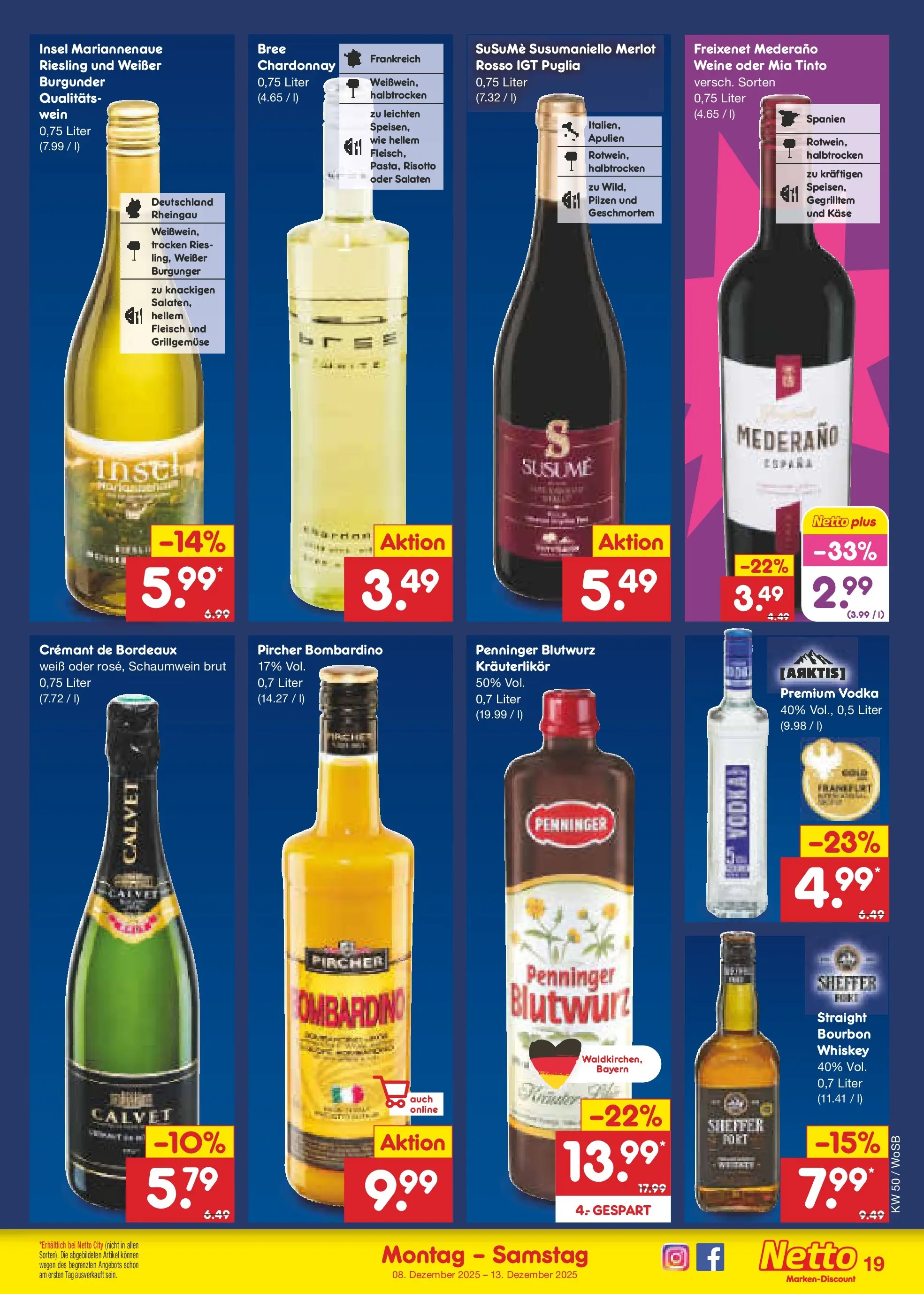 Netto Marken-Discount prospekt Frankfurt	 (ab 07.12.2025) » Angebote | Seite: 19 | Produkte: Merlot, Freixenet mederano, Bree, Fleisch
