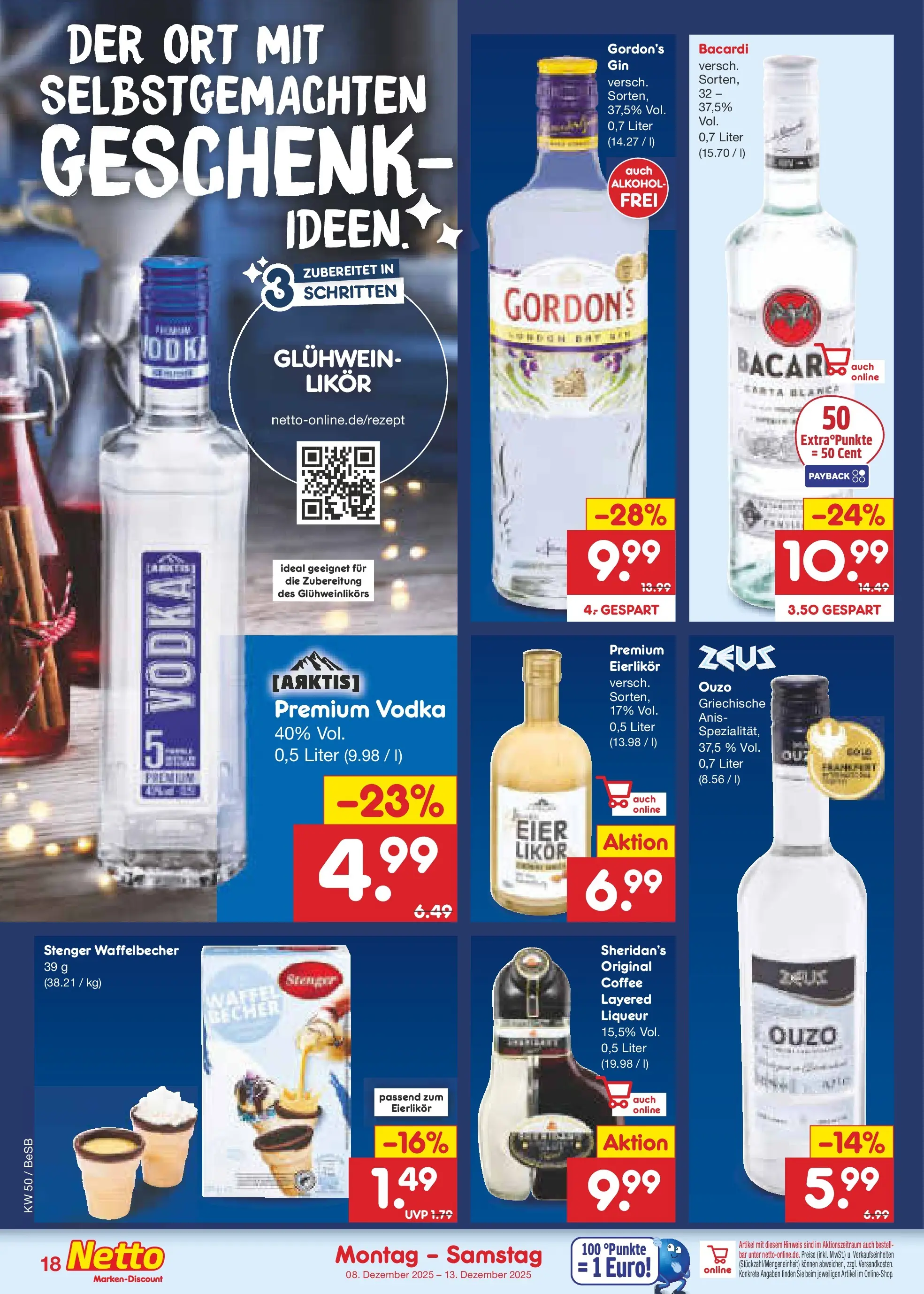 Netto Marken-Discount prospekt Kremmen	 (ab 08.12.2025) » Angebote | Seite: 18 | Produkte: Bacardi, Ouzo, Eier, Likör