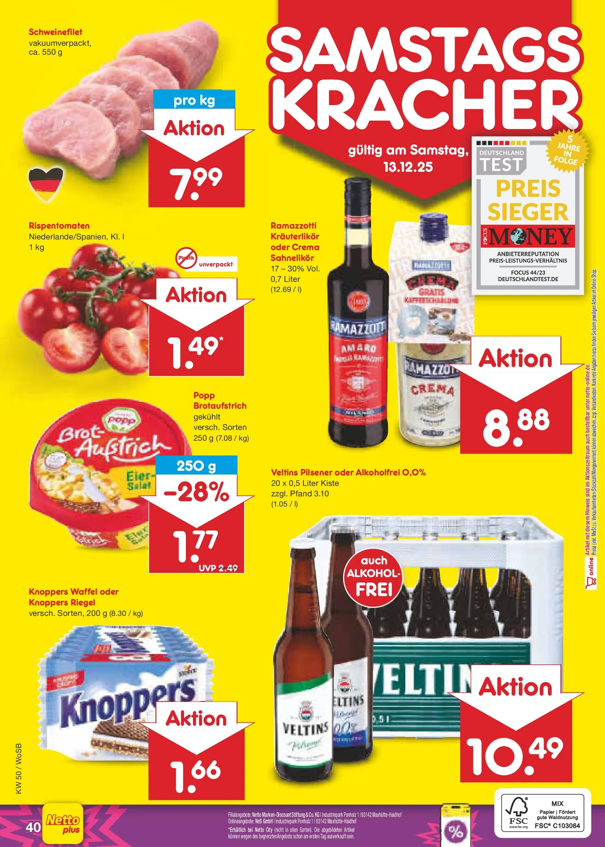 Netto Marken-Discount prospekt Frankfurt	 (ab 07.12.2025) » Angebote | Seite: 48 | Produkte: Schweinefilet, Knoppers, Brot, Ramazzotti