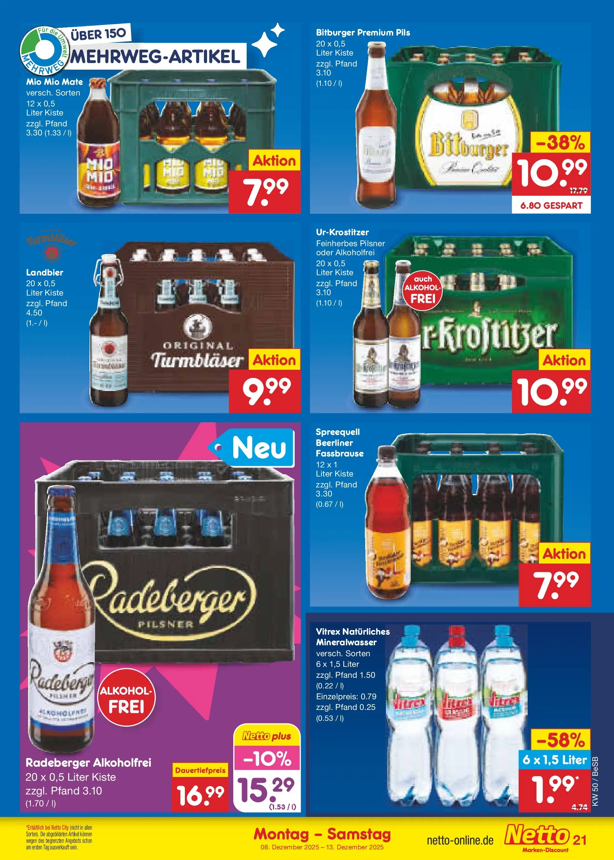 Netto Marken-Discount prospekt Kremmen	 (ab 08.12.2025) » Angebote | Seite: 27 | Produkte: Bitburger, Pils, Mio mio mate, Mineralwasser