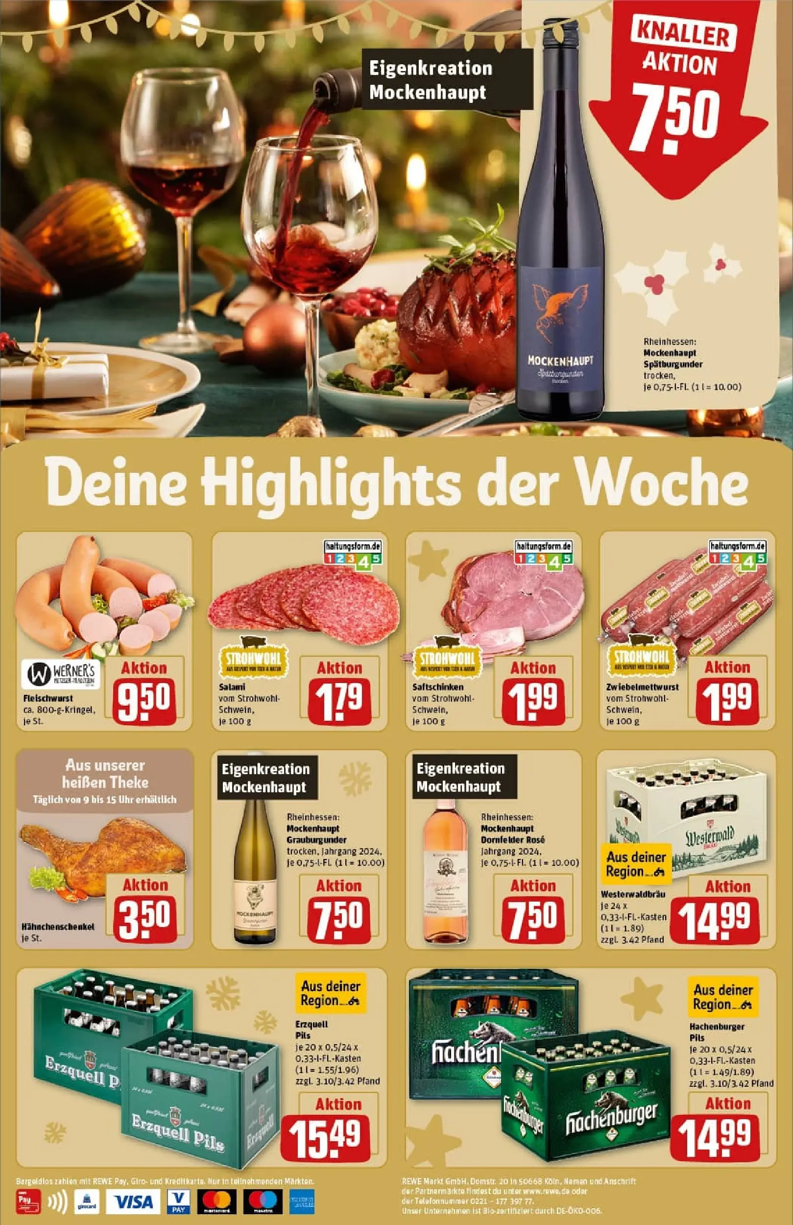 REWE Prospekt ab 07.12.2025 zum Blättern » Angebote | Seite: 2 | Produkte: Hahnchenschenkel, Theke, Pils, Salami