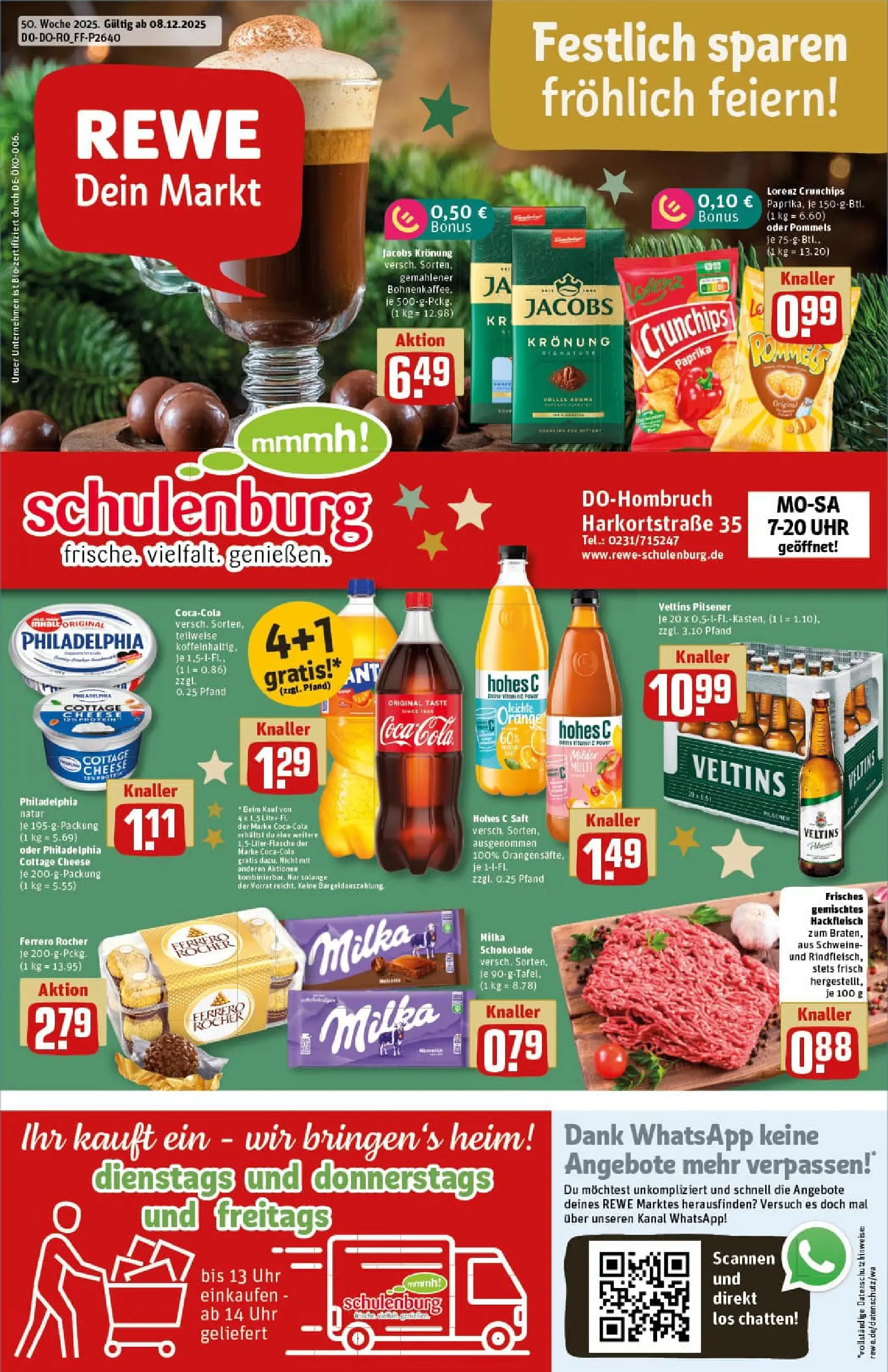REWE Prospekt ab 07.12.2025 zum Blättern » Angebote | Seite: 1 | Produkte: Cola, Milka schokolade, Philadelphia, Chips