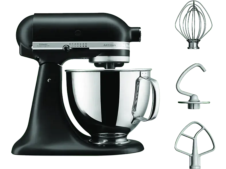 Kitchen Aid 5KSM125EBM Artisan Küchenmaschine mit kippbarem Motorkopf Matte Black (Rührschüsselkapazität: 4,8 l, 300 Watt)