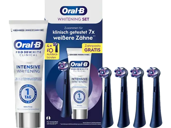 Oral-B iO Radiant White Schwarz 4er Aufsteckb&uuml;rste ink. Zahnpasta 3D Clinical K&uuml;hle Minze; Aufsteckb&uuml;rste ink. Zahnpasta 3D White Clinical K&uuml;hle Minze