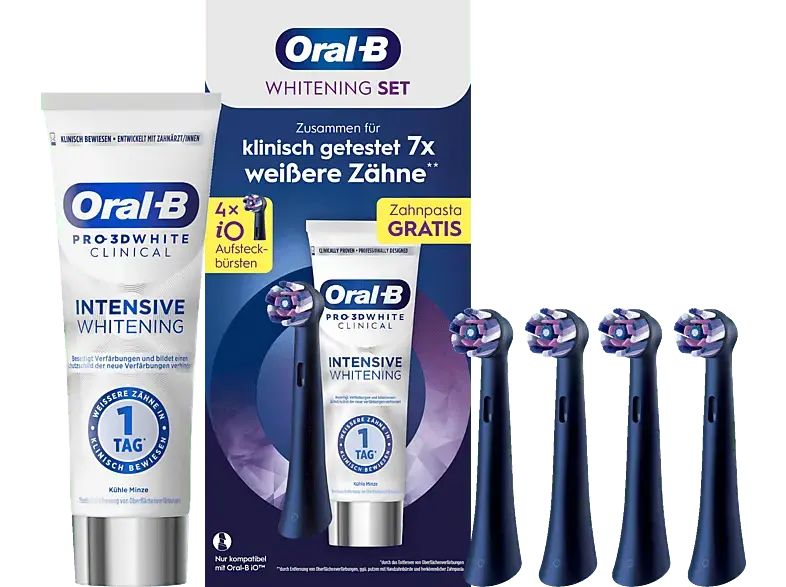 Oral-B iO Radiant White Schwarz 4er Aufsteckbürste ink. Zahnpasta 3D Clinical Kühle Minze; Aufsteckbürste ink. Zahnpasta 3D White Clinical Kühle Minze