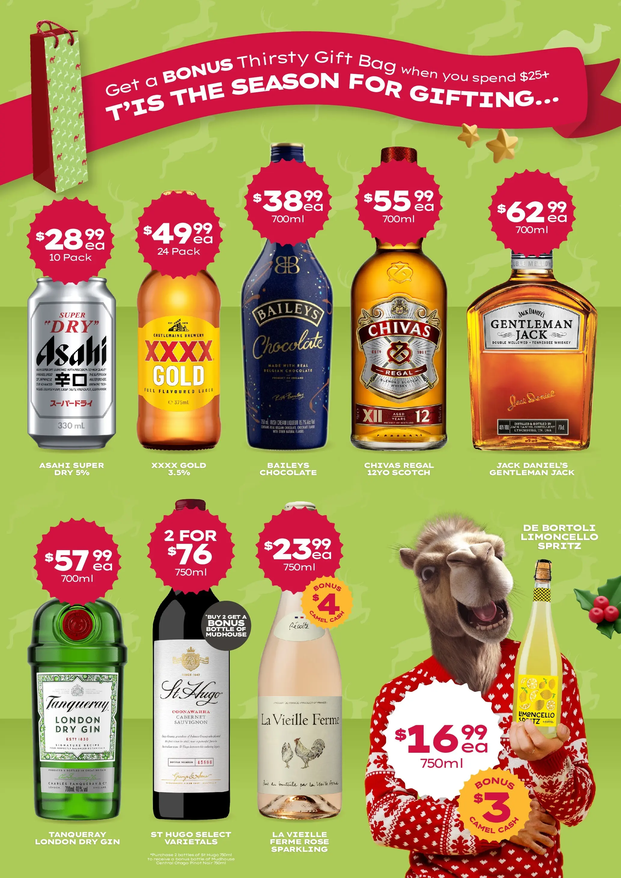 Deals - Forget about Rudolph, the year the Camel’s leading the way. - 07/12/2025 > weekly / monthly specials | Page: 2 | Products: Chocolate, Gin, Whiskey, Bag