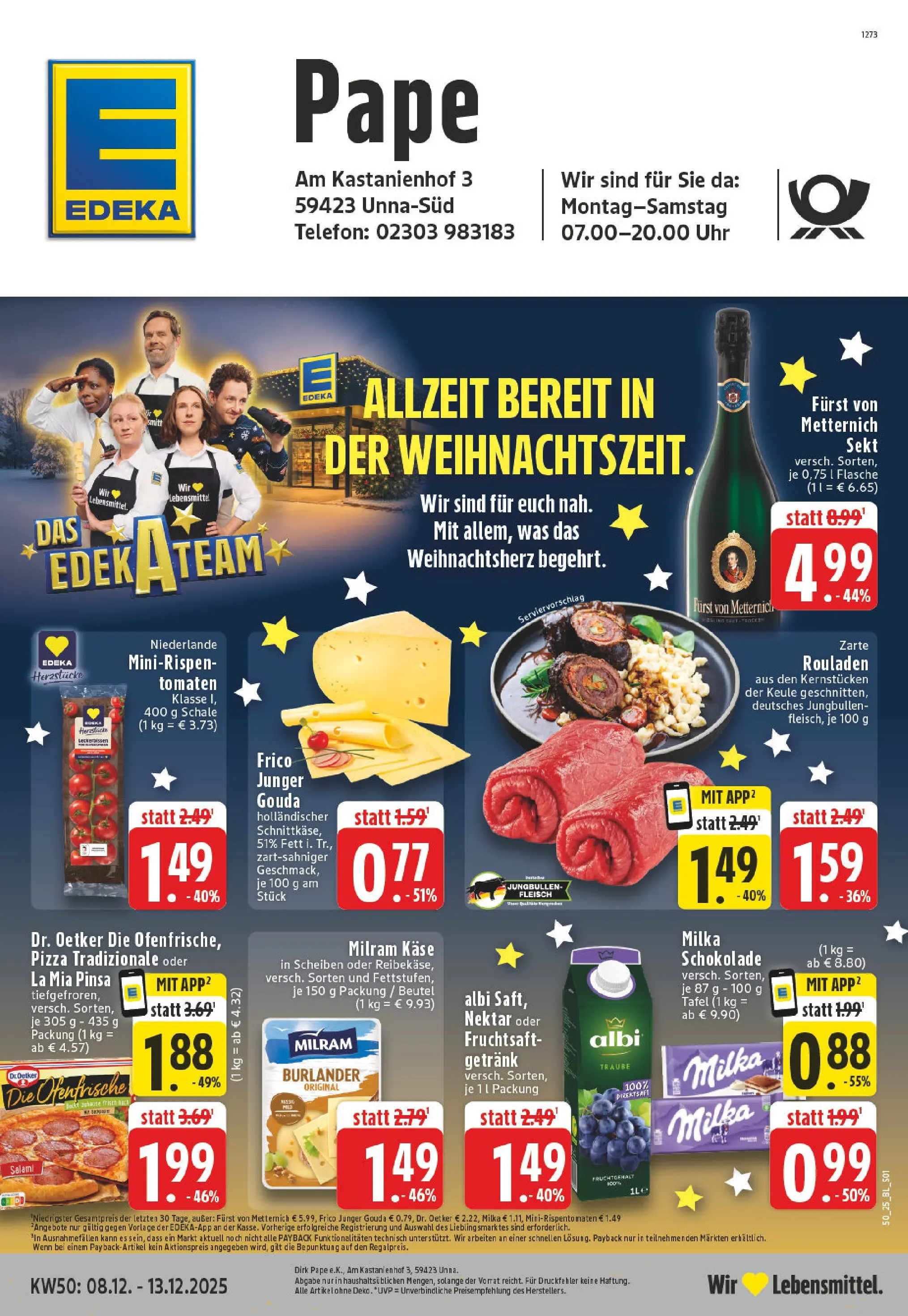 Edeka prospekt Unna	 (ab 07.12.2025) » Angebote Online | Seite: 1 | Produkte: Milka, Ofenfrische, Pizza, Uhr