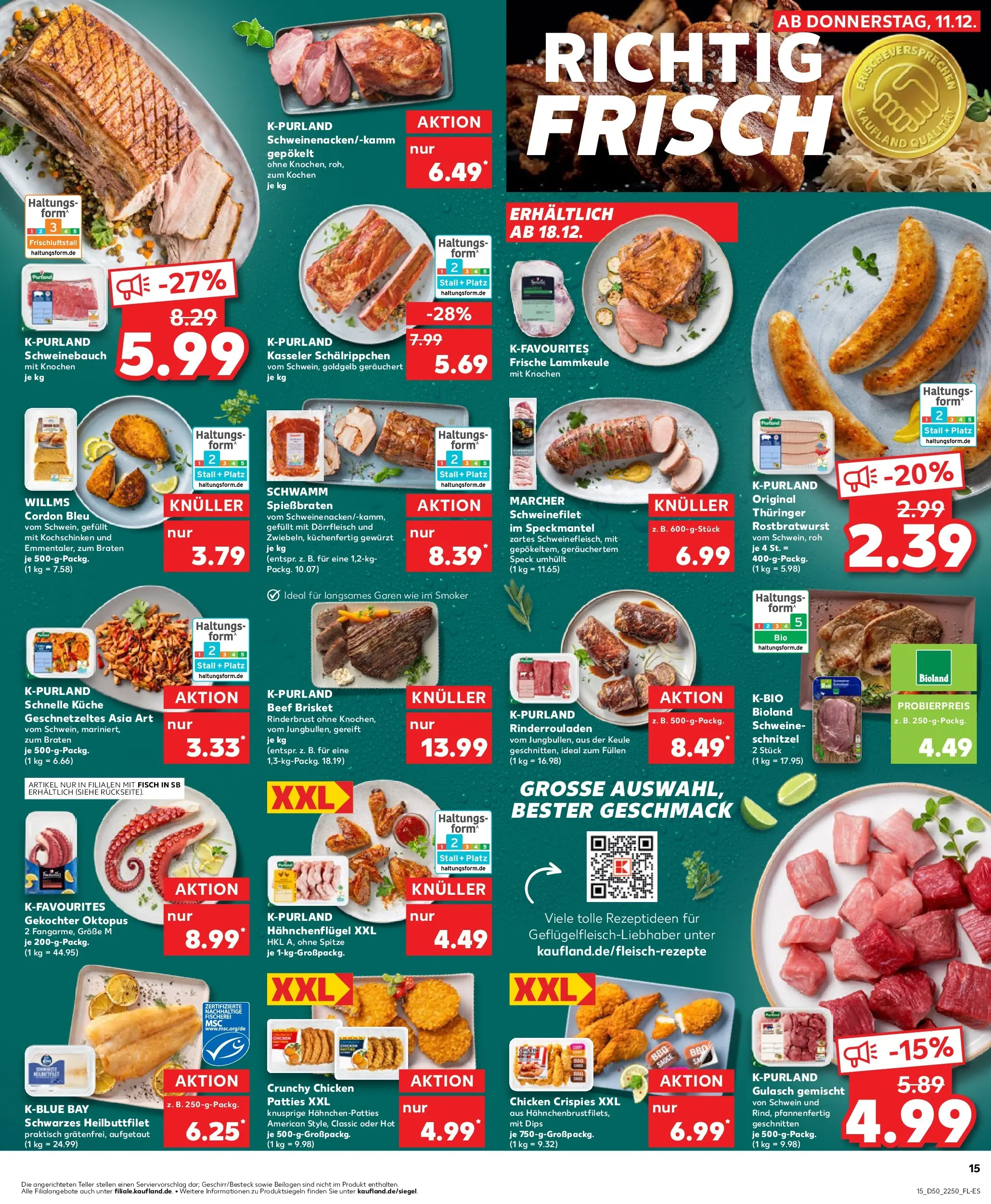 Prospekt Kaufland ab 11.12.2025 » Angebote Online zum Blättern | Seite: 15 | Produkte: Rinderrouladen, Lammkeule, Schweinebauch, Schnitzel