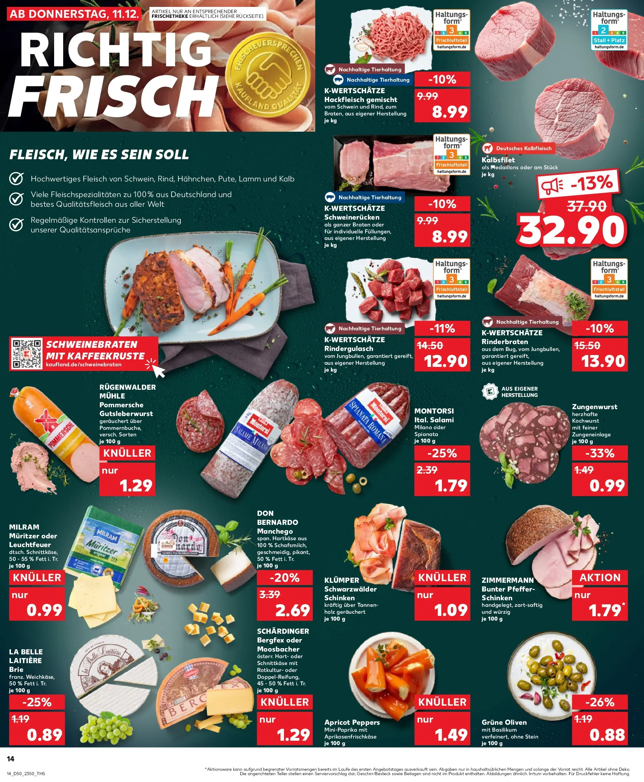 Prospekt Kaufland ab 11.12.2025 » Angebote Online zum Blättern | Seite: 14 | Produkte: Rindergulasch, Pfeffer, Schweinerucken, Salami