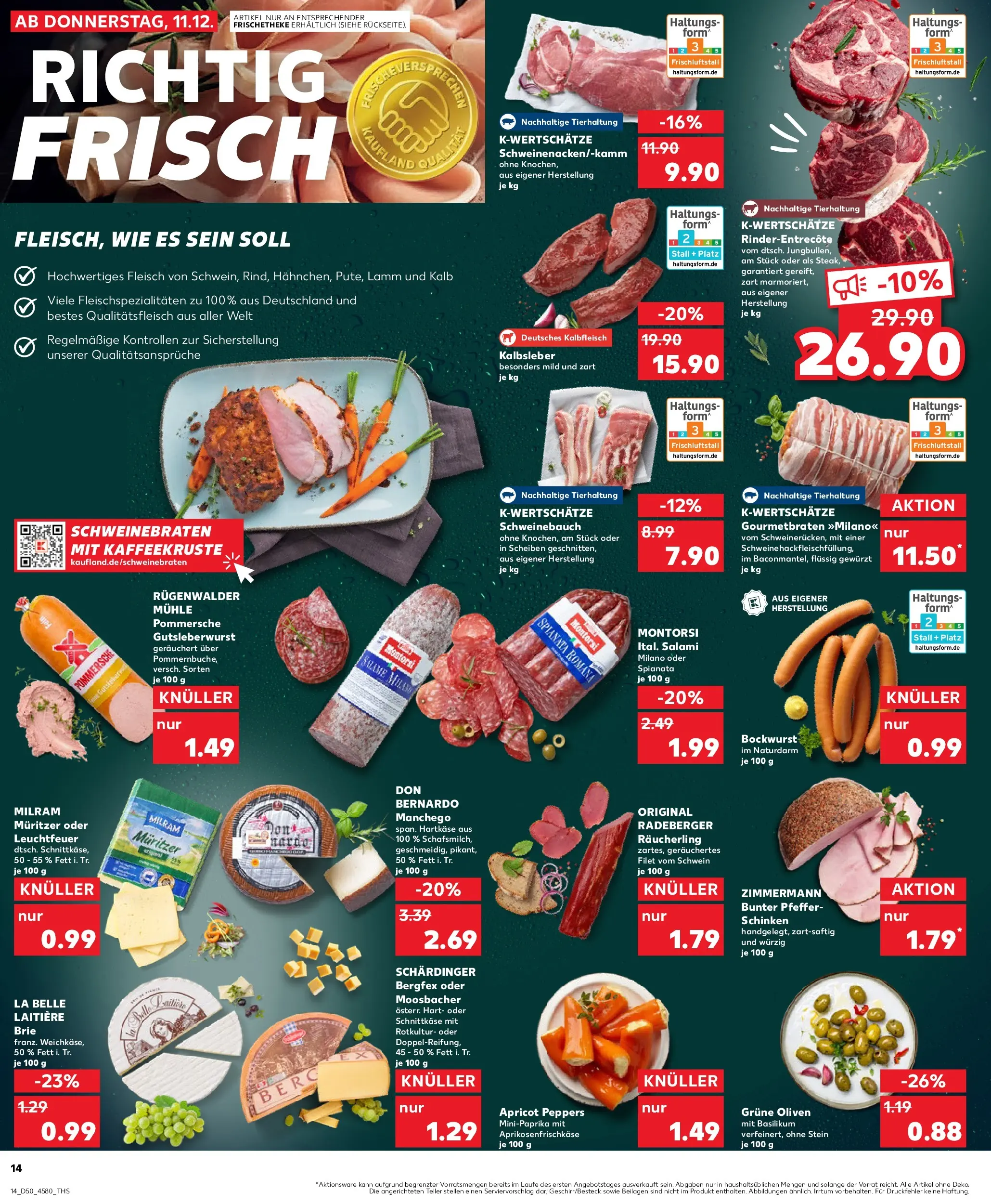 Prospekt Kaufland ab 11.12.2025 » Angebote Online zum Blättern | Seite: 14 | Produkte: Schweinebauch, Kalbsleber, Pfeffer, Schinken
