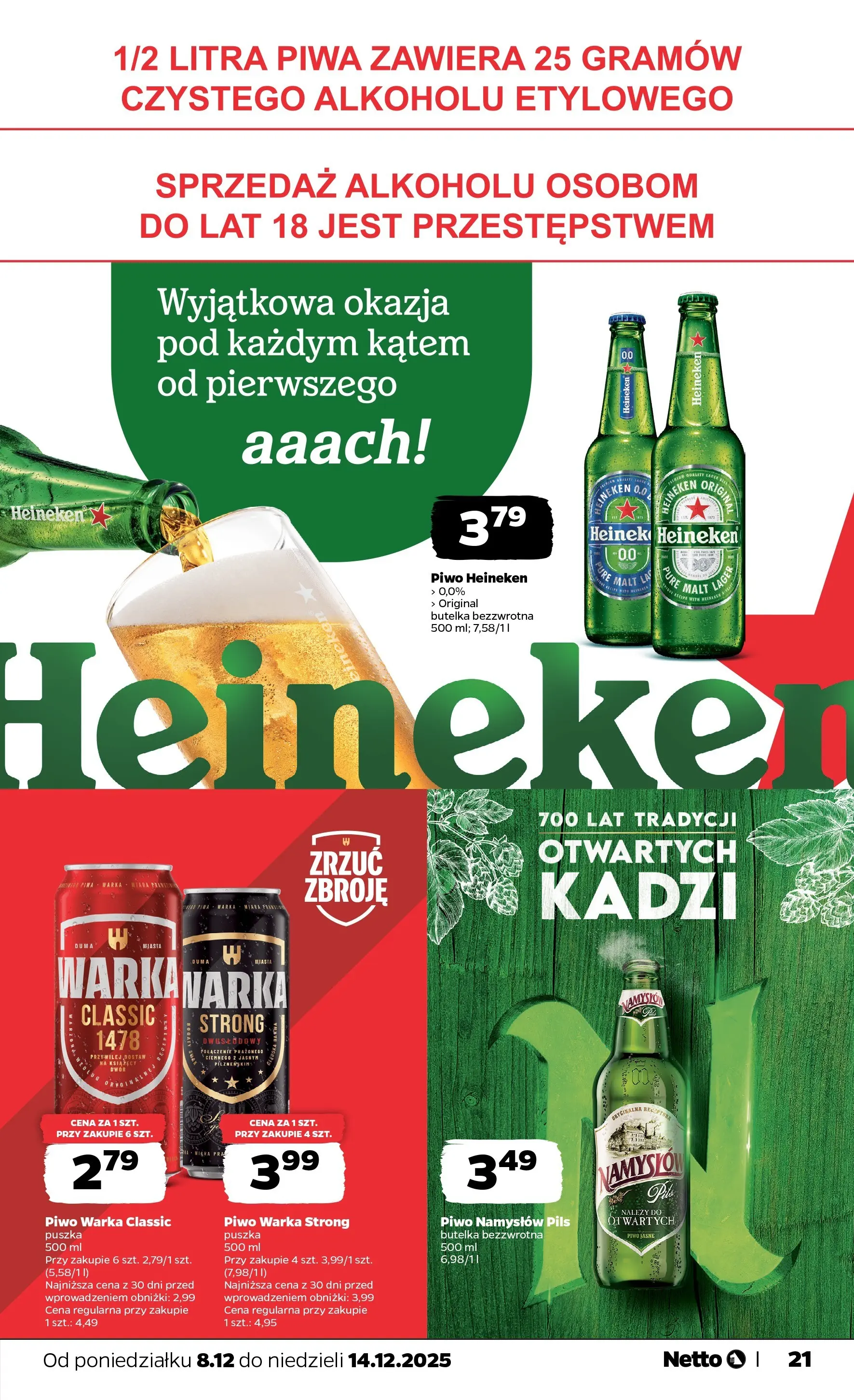 Netto - NETTO T50A ważne do 14.12 od 07.12.2025 - Aktualne promocje | Strona: 21 | Produkty: Warka, Piwo Warka, Piwo Namysłów, Heineken