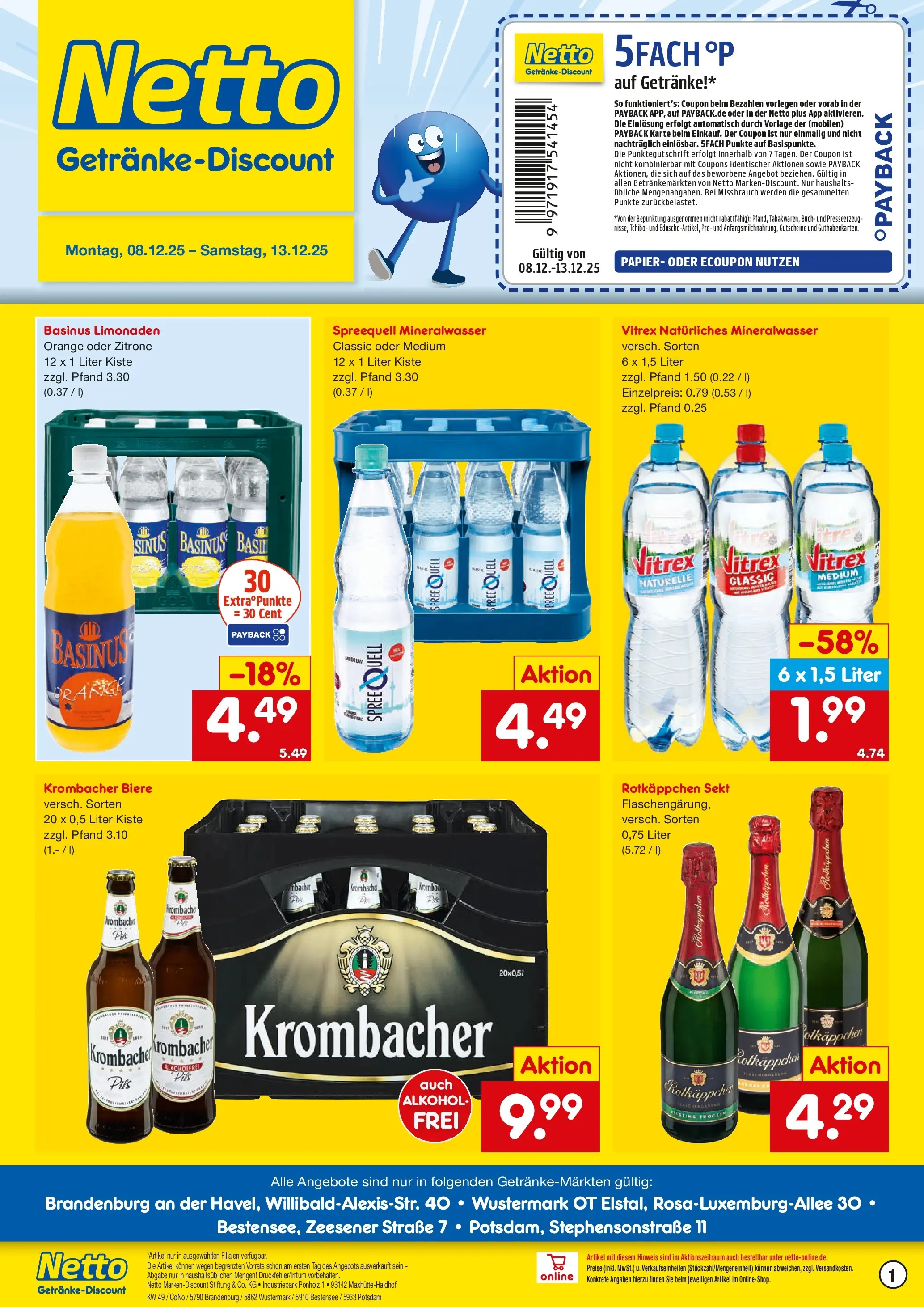 Netto Marken-Discount prospekt Potsdam	 (ab 07.12.2025) » Angebote | Seite: 1 | Produkte: Rotkappchen sekt, Pils, Mineralwasser, Zitrone
