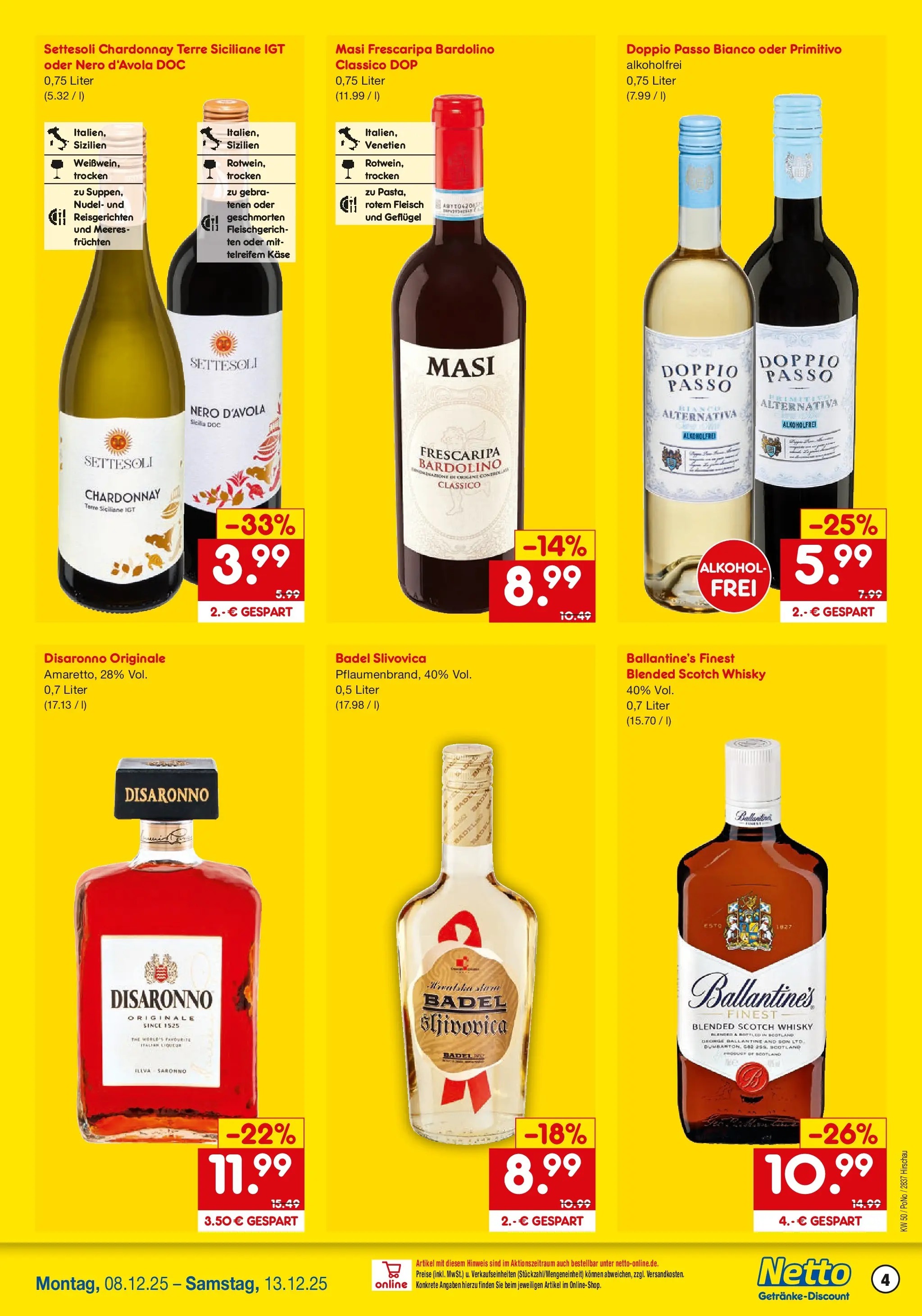 Netto Marken-Discount prospekt Hirschau	 (ab 07.12.2025) » Angebote | Seite: 4 | Produkte: Whisky, Käse, Doppio Passo, Fleisch