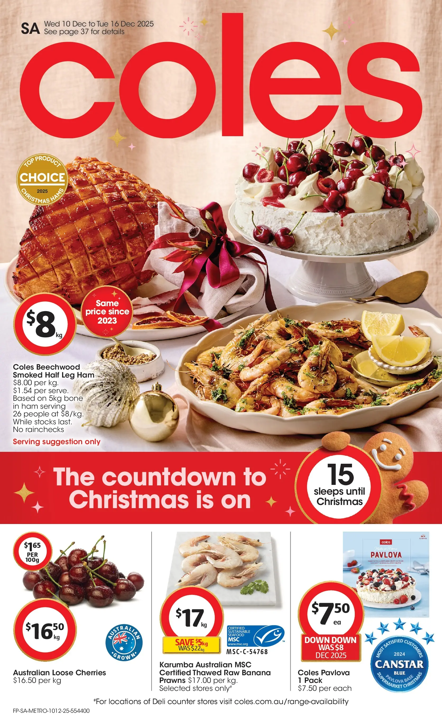 ﻿﻿Coles catalogue valid from 10/12/2025 > Online Australia | Page: 1 | Products: Cherries, Ham, Prawns, Seafood
