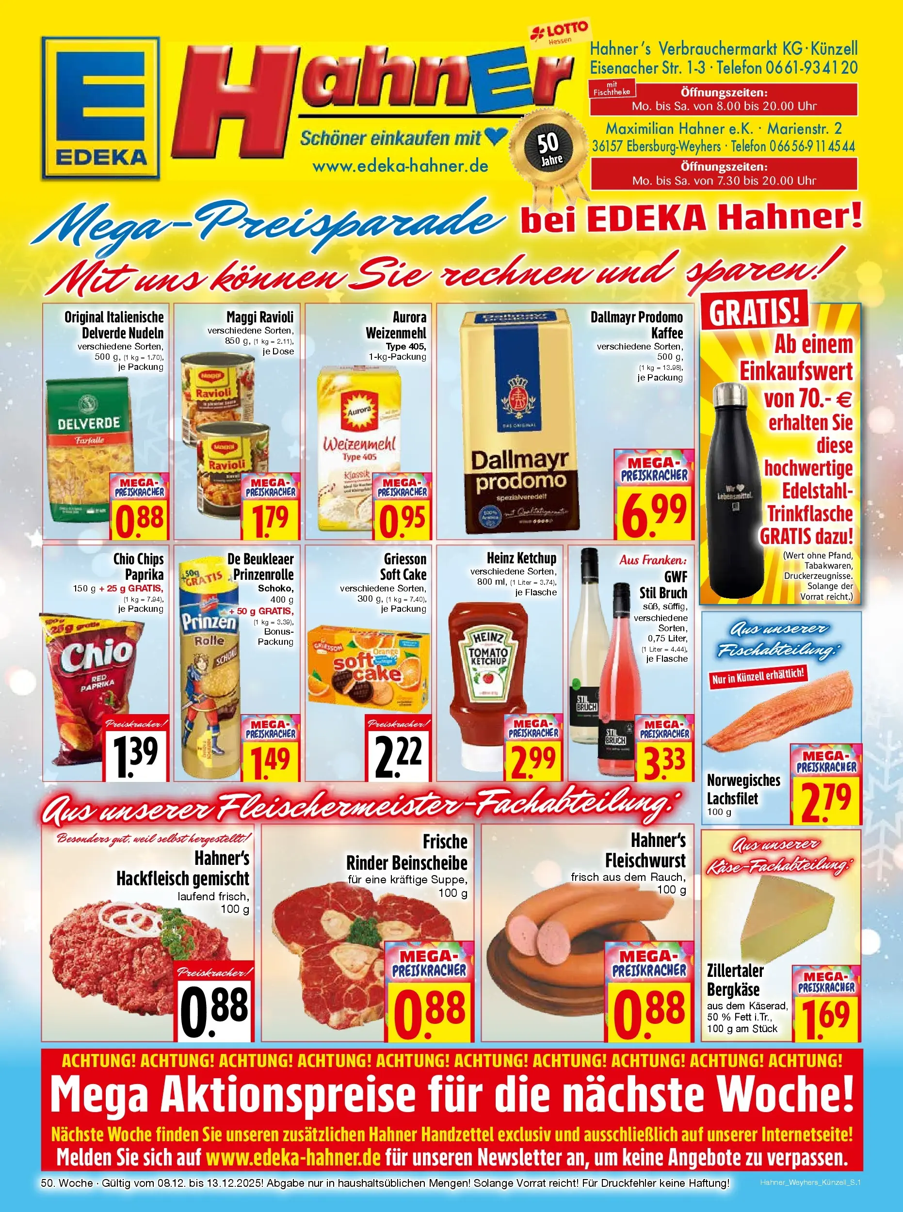 Entdecke - Edeka Hahner: Wochenangebote (ab 07.12.2025) zum Blättern | Seite: 1 | Produkte: Maggi, Heinz ketchup, Weizenmehl, Dallmayr