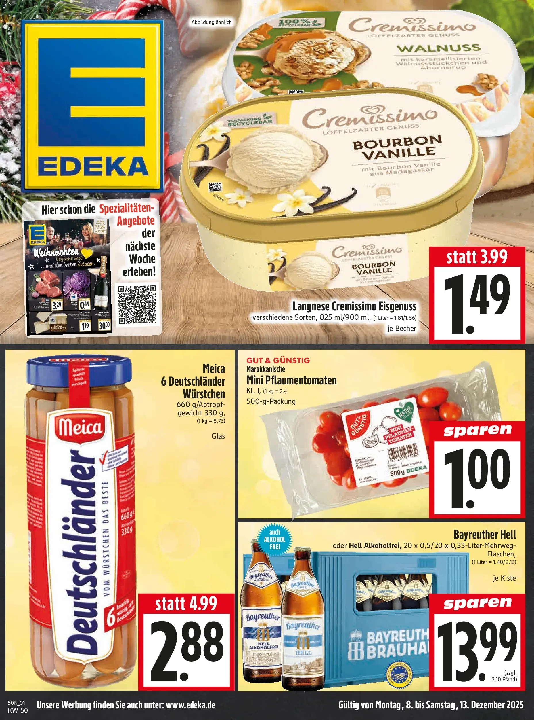 Entdecke - Edeka Hahner: Wochenangebote (ab 07.12.2025) zum Blättern | Seite: 3 | Produkte: Bayreuther hell, Cremissimo, Pflaumen, Tomaten
