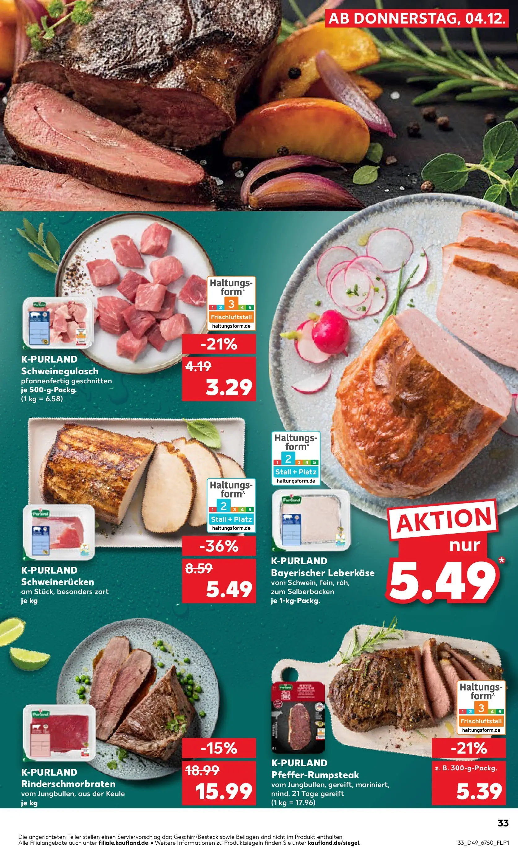Prospekt Kaufland ab 08.12.2025 » Angebote Online zum Blättern | Seite: 33 | Produkte: Schweinegulasch, Schweinerucken, Steak, Leberkase