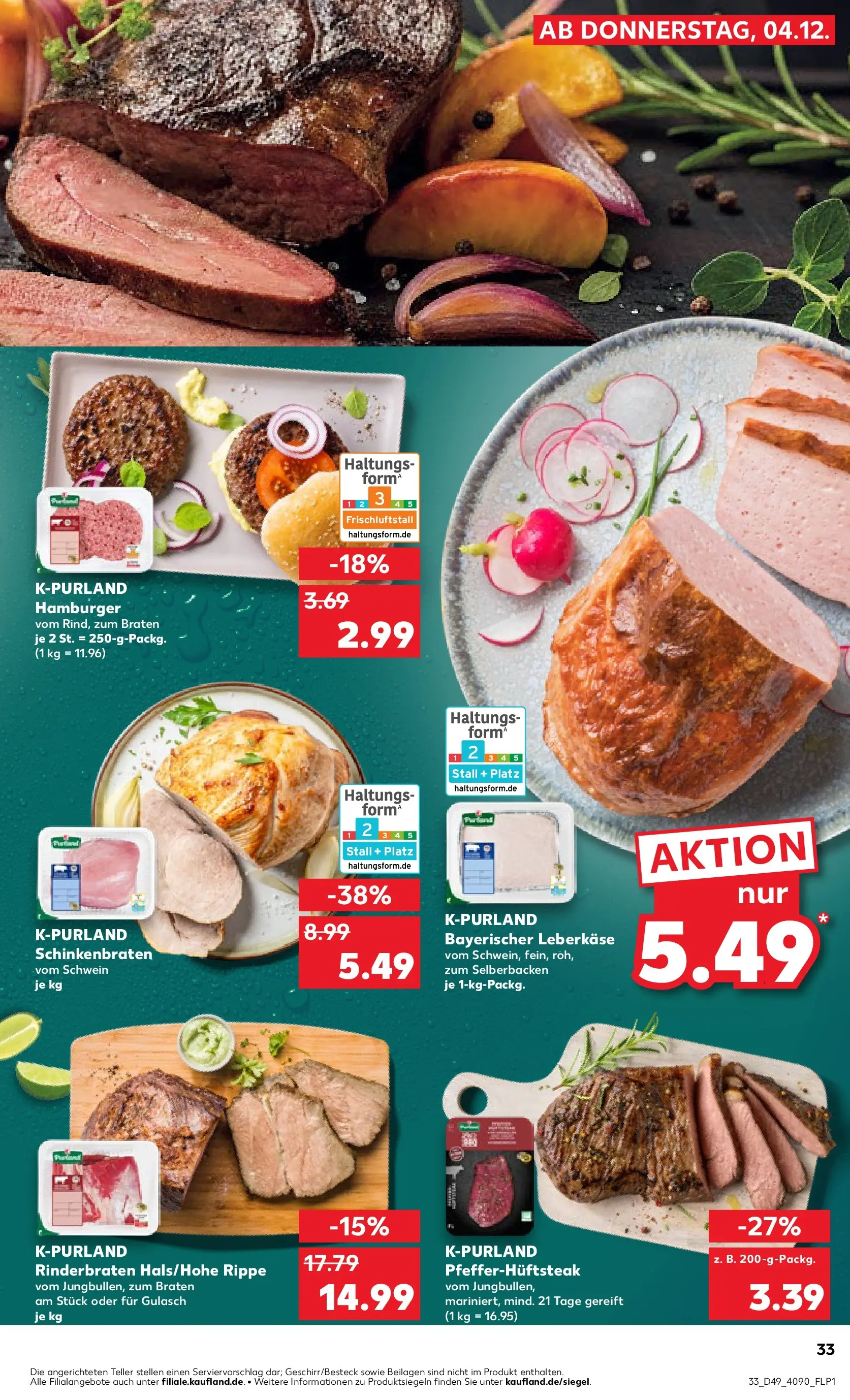 Prospekt Kaufland ab 07.12.2025 » Angebote Online zum Blättern | Seite: 33 | Produkte: Rinderbraten, Gulasch, Steak, Leberkase