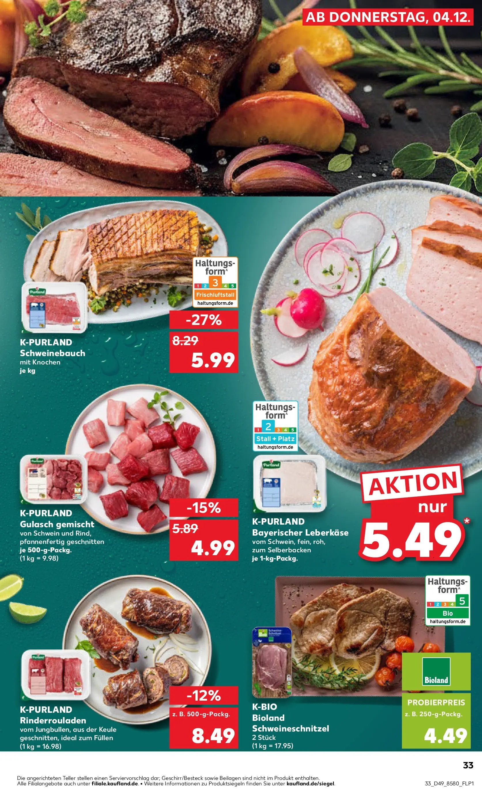 Prospekt Kaufland ab 08.12.2025 » Angebote Online zum Blättern | Seite: 33 | Produkte: Rinderrouladen, Schweinebauch, Gulasch, Leberkase