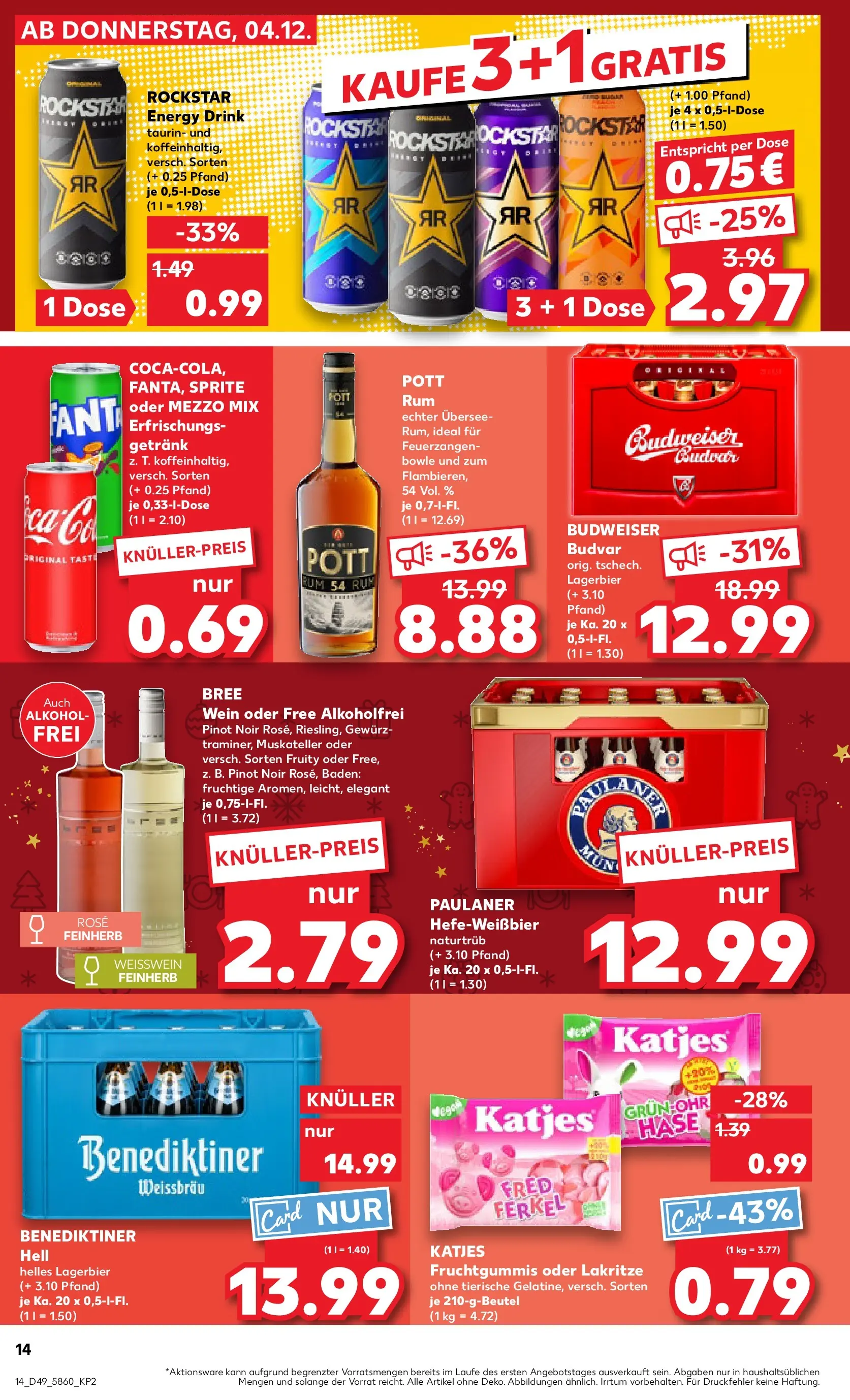 Prospekt Kaufland ab 08.12.2025 » Angebote Online zum Blättern | Seite: 14 | Produkte: Mezzo mix, Benediktiner hell, Budweiser, Paulaner