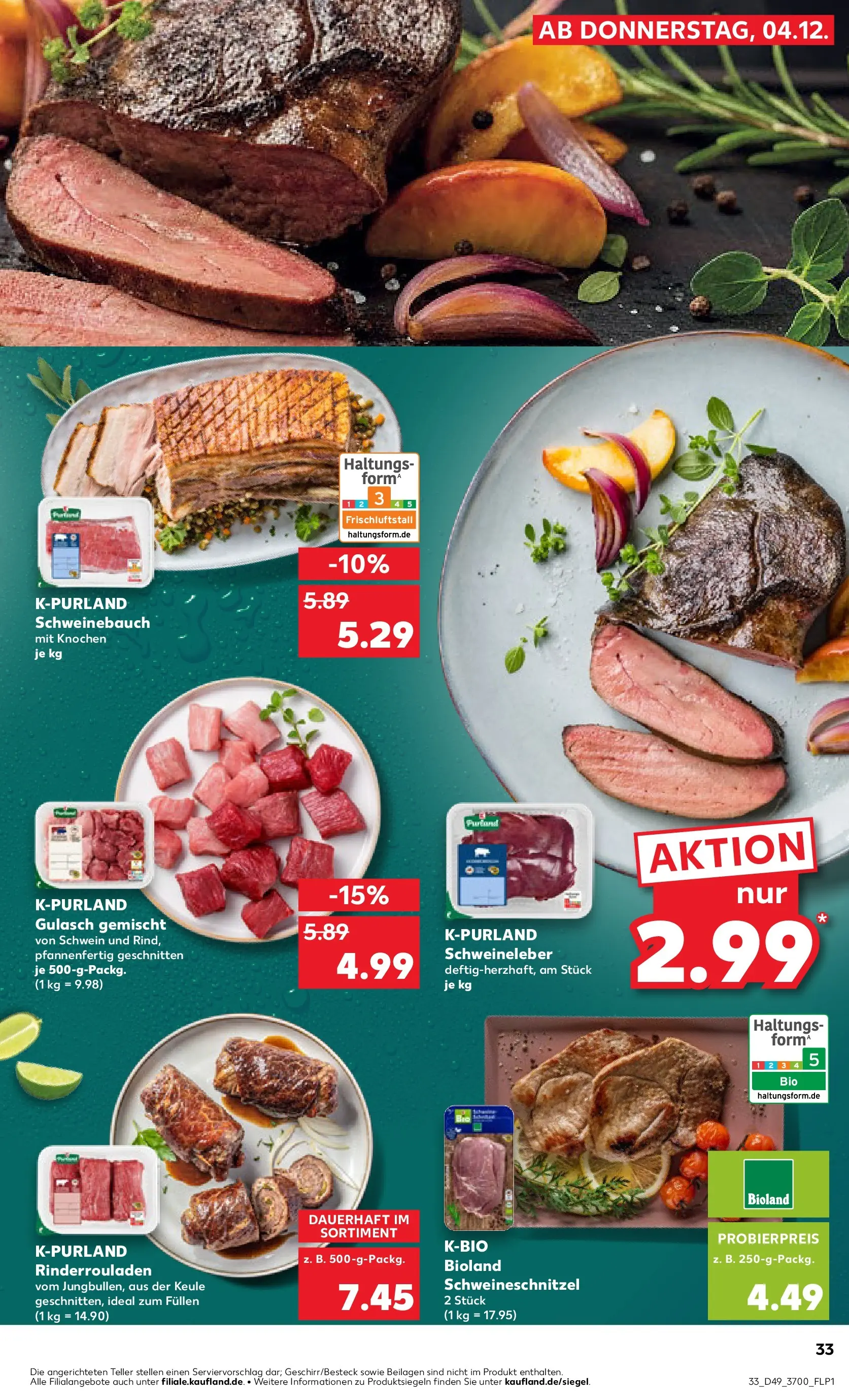 Prospekt Kaufland ab 08.12.2025 » Angebote Online zum Blättern | Seite: 33 | Produkte: Rinderrouladen, Schweinebauch, Schnitzel, Gulasch
