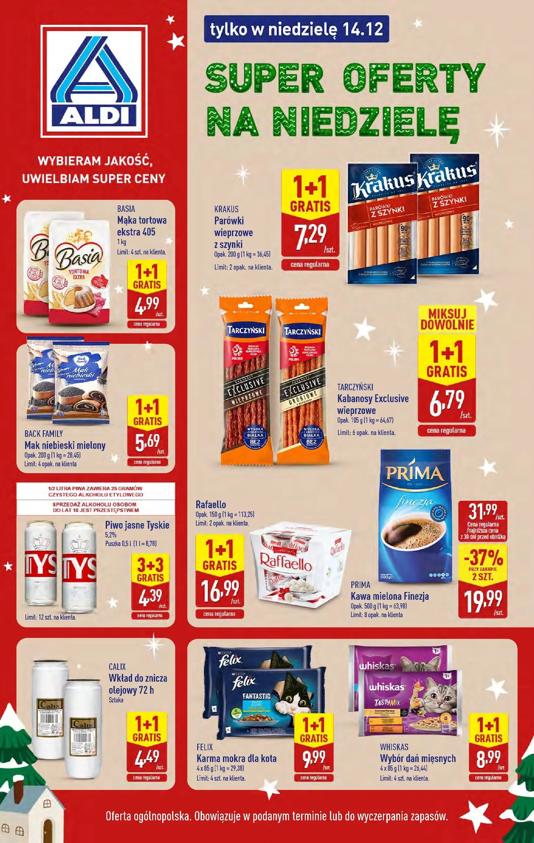 Aldi Gazetka - Super oferty na niedzielę od 14.12.2025 - Ulotka PDF, promocje | Strona: 1 | Produkty: Karma mokra dla kota, Parówki z szynki, Tyskie, Piwo