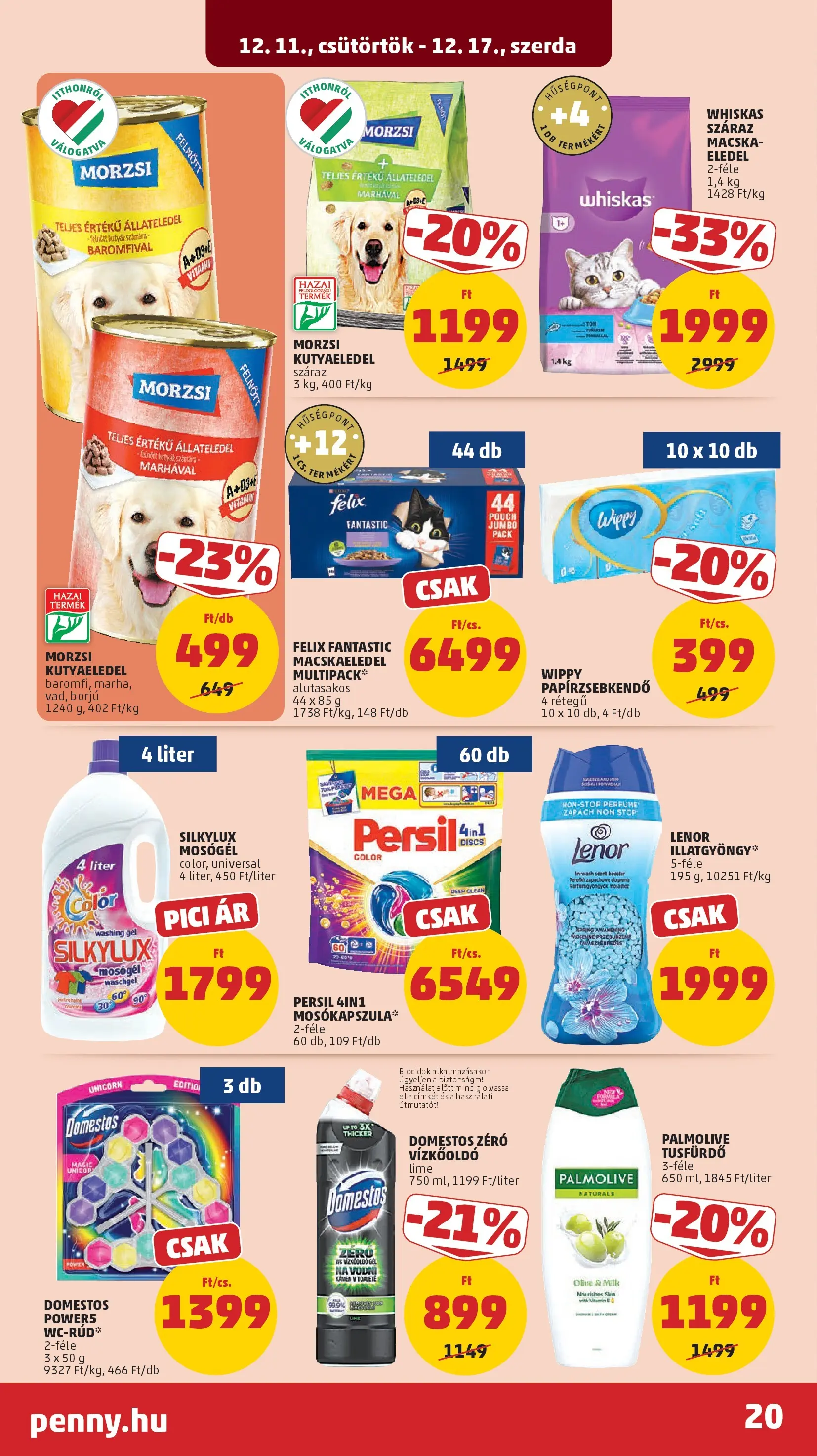 PENNY - Pennymarket újság érvényessége -2025.12.17-ig: 2025.12.10.-tól lapozható | Oldal: 20 | Termékek: Lime, Kutyaeledel, Mosógél, Papírzsebkendő