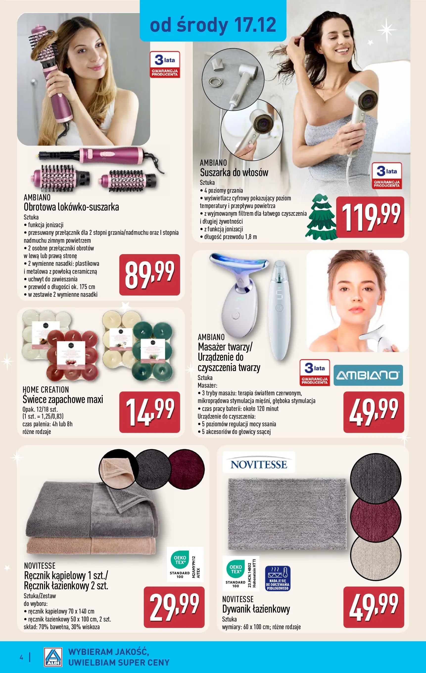 Aldi Gazetka - Hity od Środy i od Soboty od 17.12.2025 - Ulotka PDF, promocje | Strona: 4 | Produkty: Dywanik łazienkowy, Suszarka, Suszarka do włosów, Świece