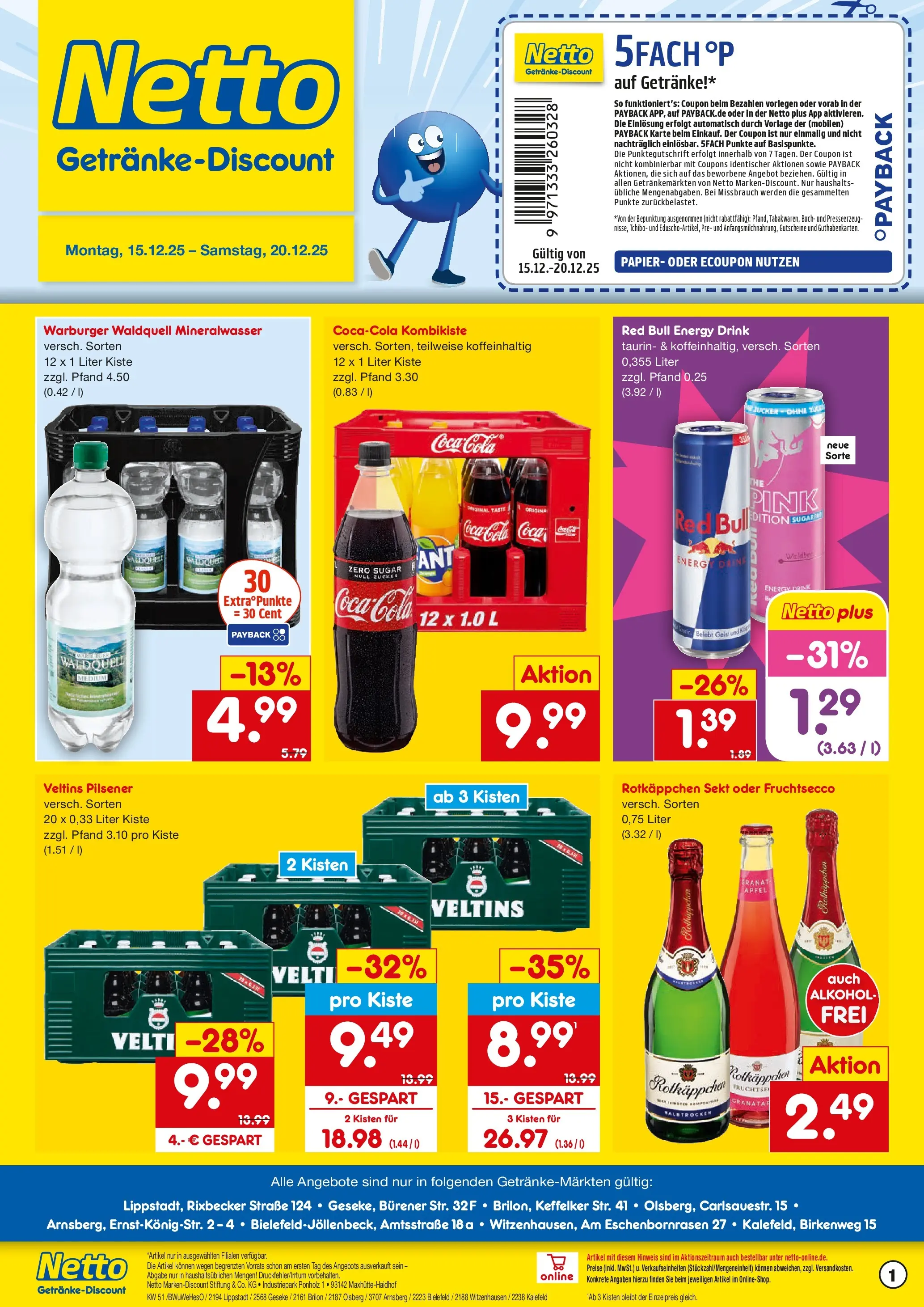 Netto Marken-Discount prospekt Olsberg	 (ab 15.12.2025) » Angebote | Seite: 1 | Produkte: Cola, Sekt, Mineralwasser, Veltins