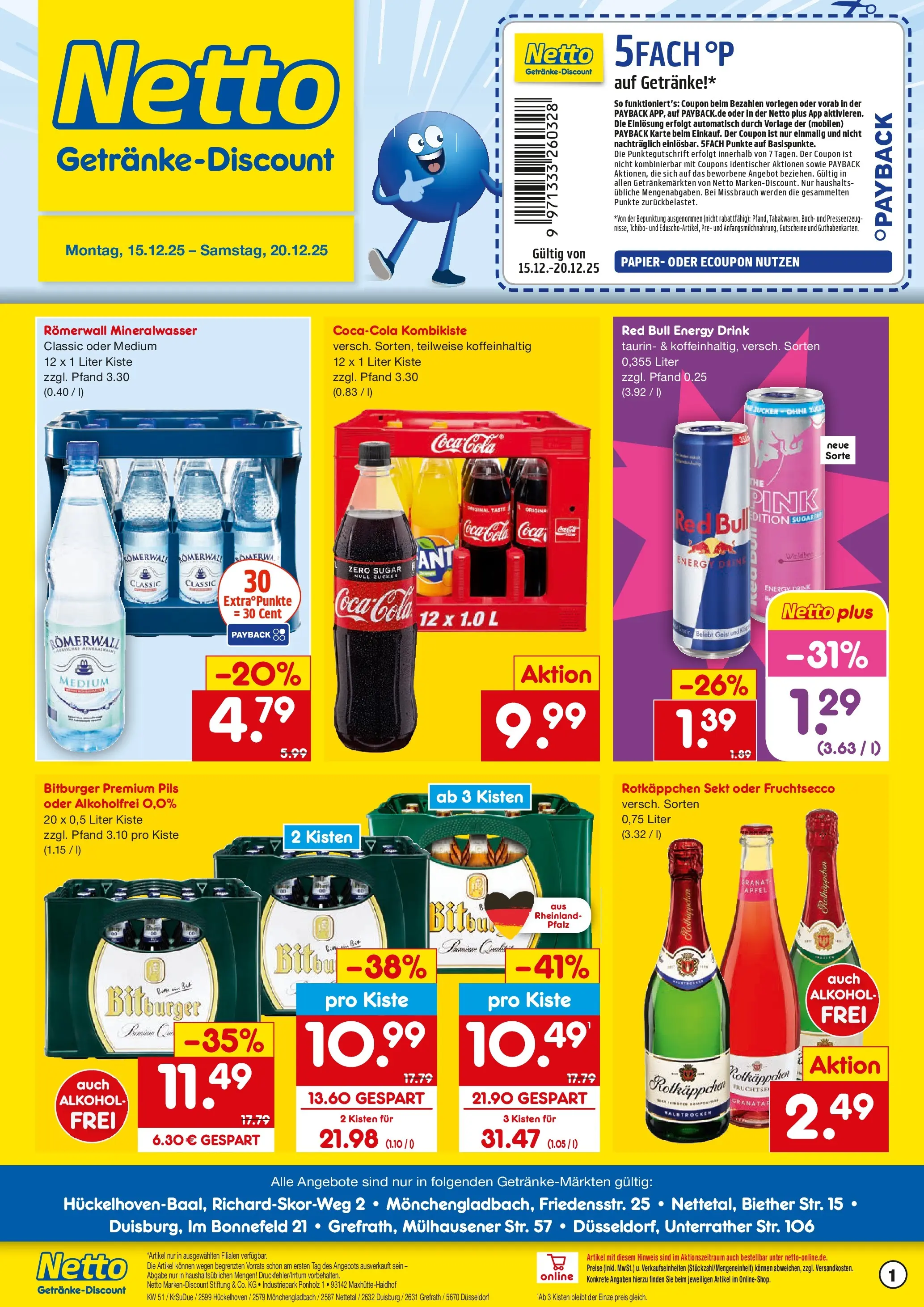 Netto Marken-Discount prospekt Duisburg	 (ab 15.12.2025) » Angebote | Seite: 1 | Produkte: Rotkappchen sekt, Coca cola, Mineralwasser, Fruchtsecco