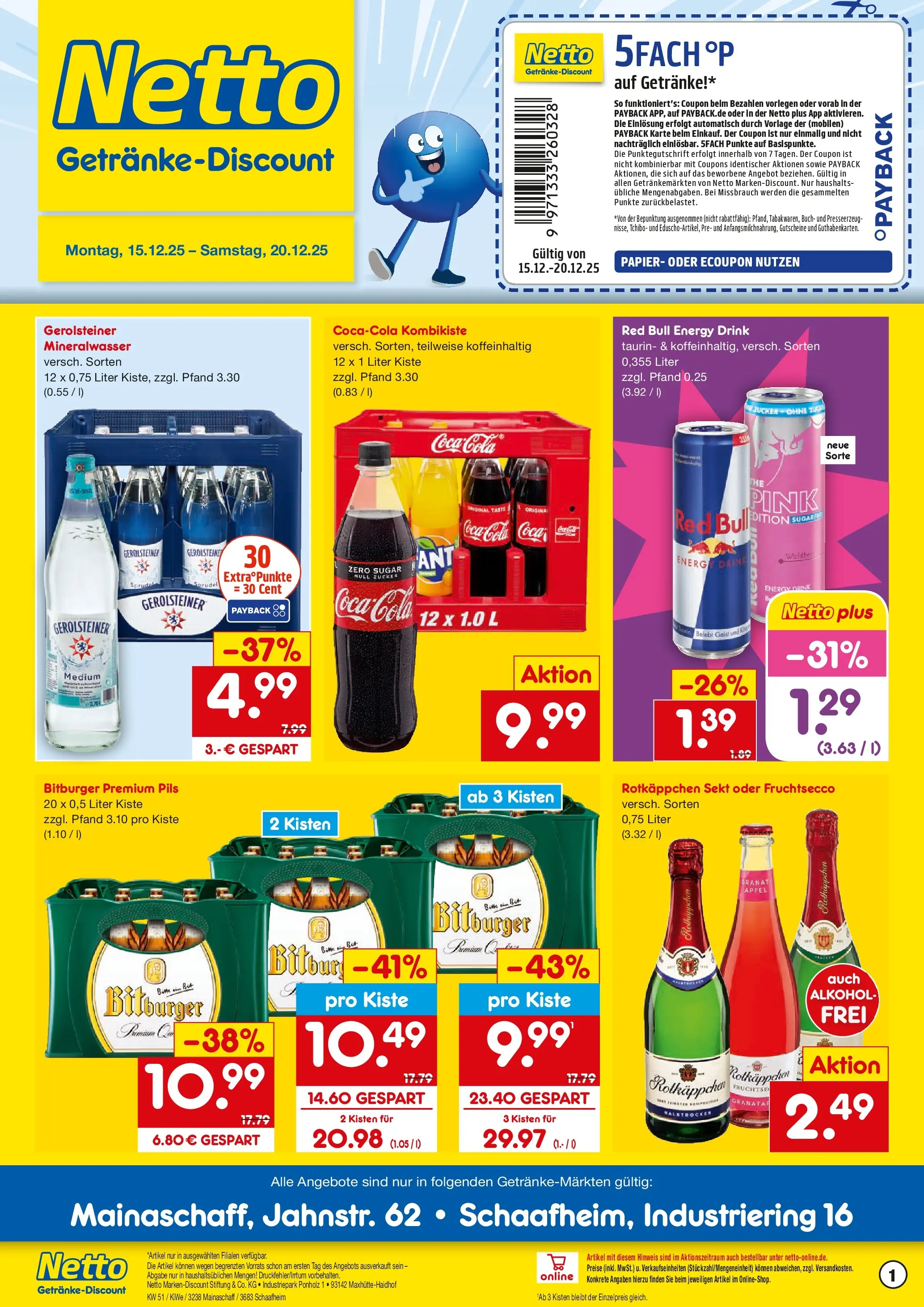 Netto Marken-Discount prospekt Schaafheim	 (ab 15.12.2025) » Angebote | Seite: 1 | Produkte: Cola, Sekt, Pils, Mineralwasser