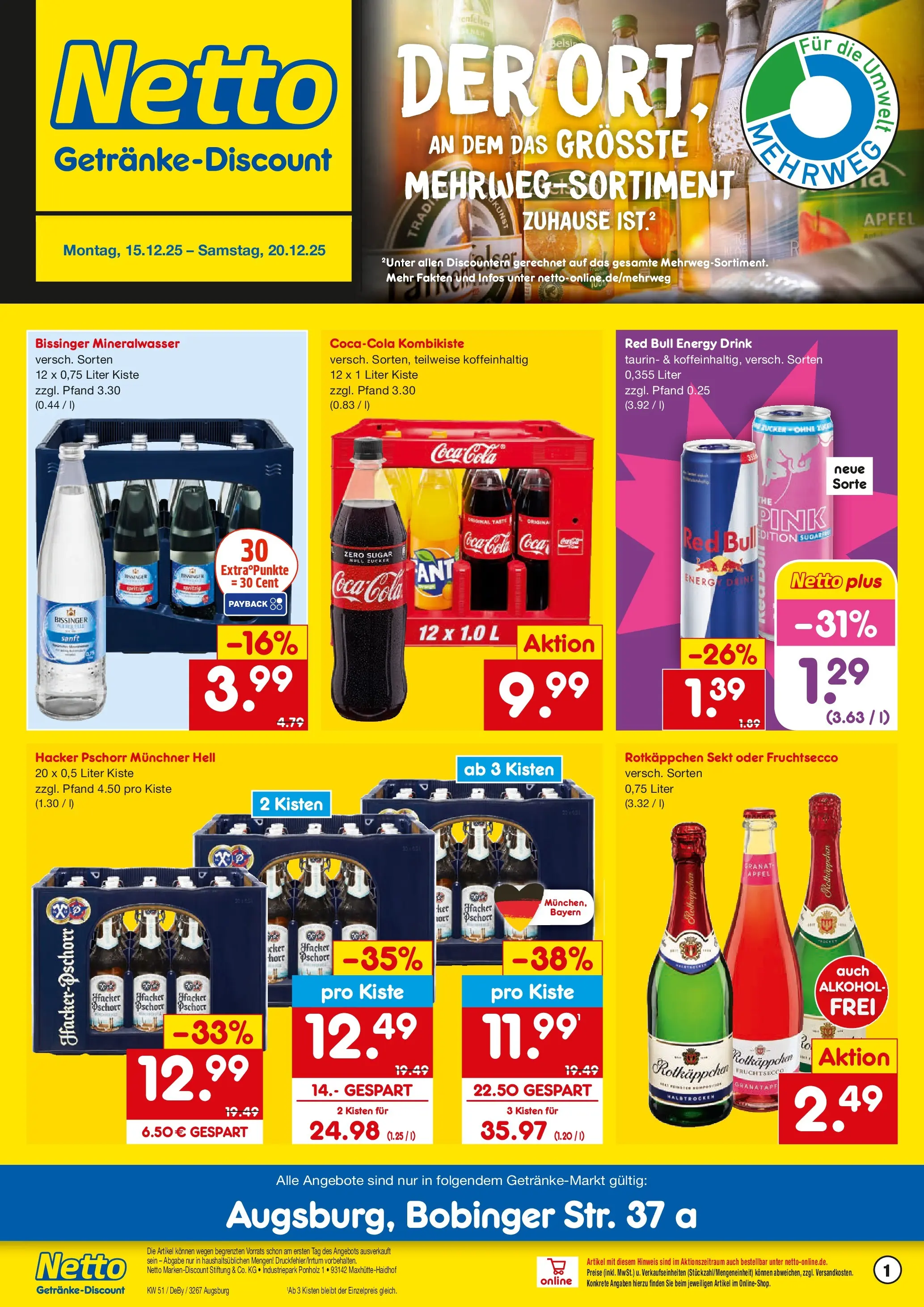 Netto Marken-Discount prospekt Augsburg-Inningen	 (ab 15.12.2025) » Angebote | Seite: 1 | Produkte: Rotkappchen sekt, Red bull, Äpfel, Rotkäppchen