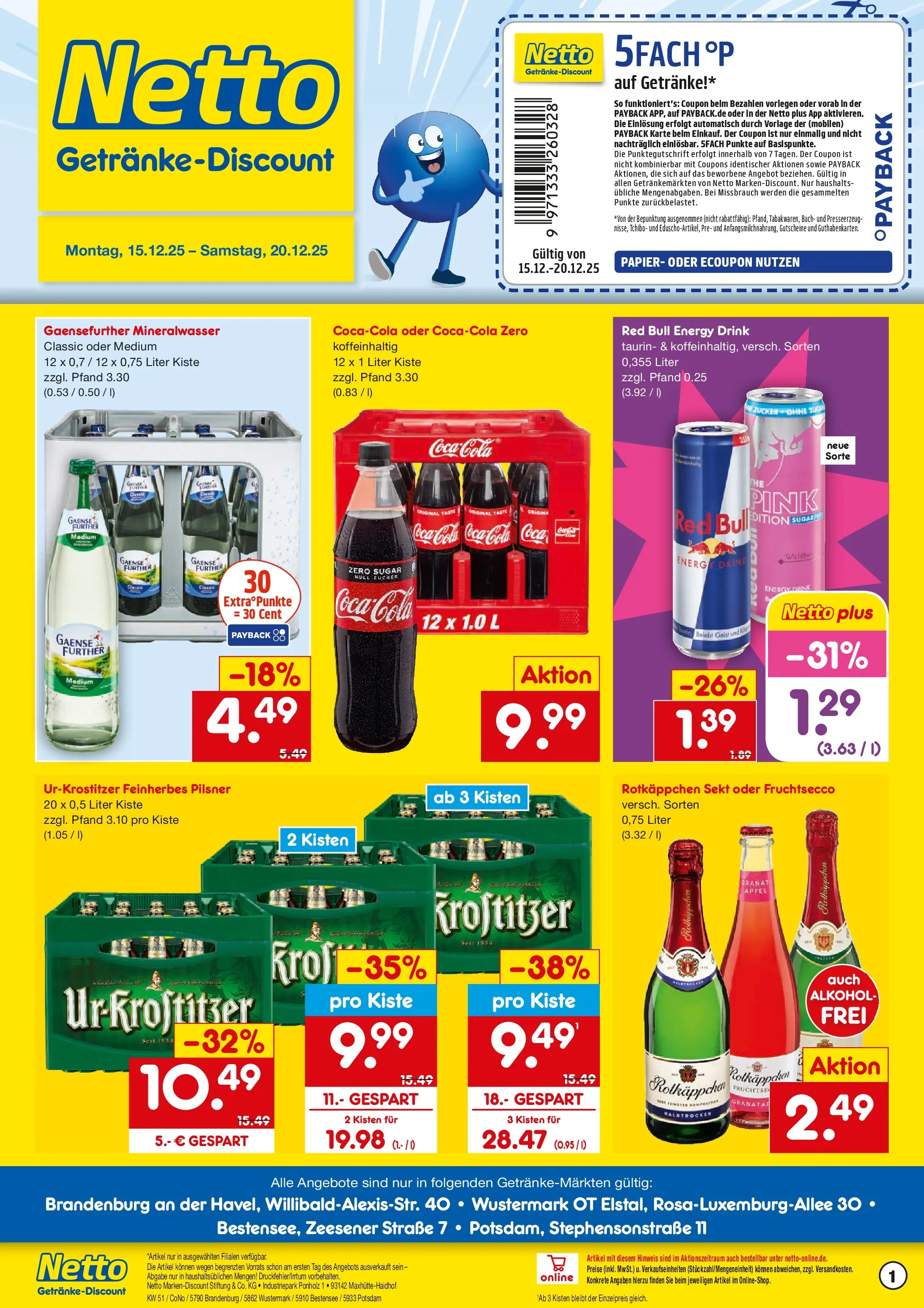 Netto Marken-Discount prospekt Brandenburg An Der Havel	 (ab 15.12.2025) » Angebote | Seite: 1 | Produkte: Red bull, Sekt, Fruchtsecco, Rotkäppchen