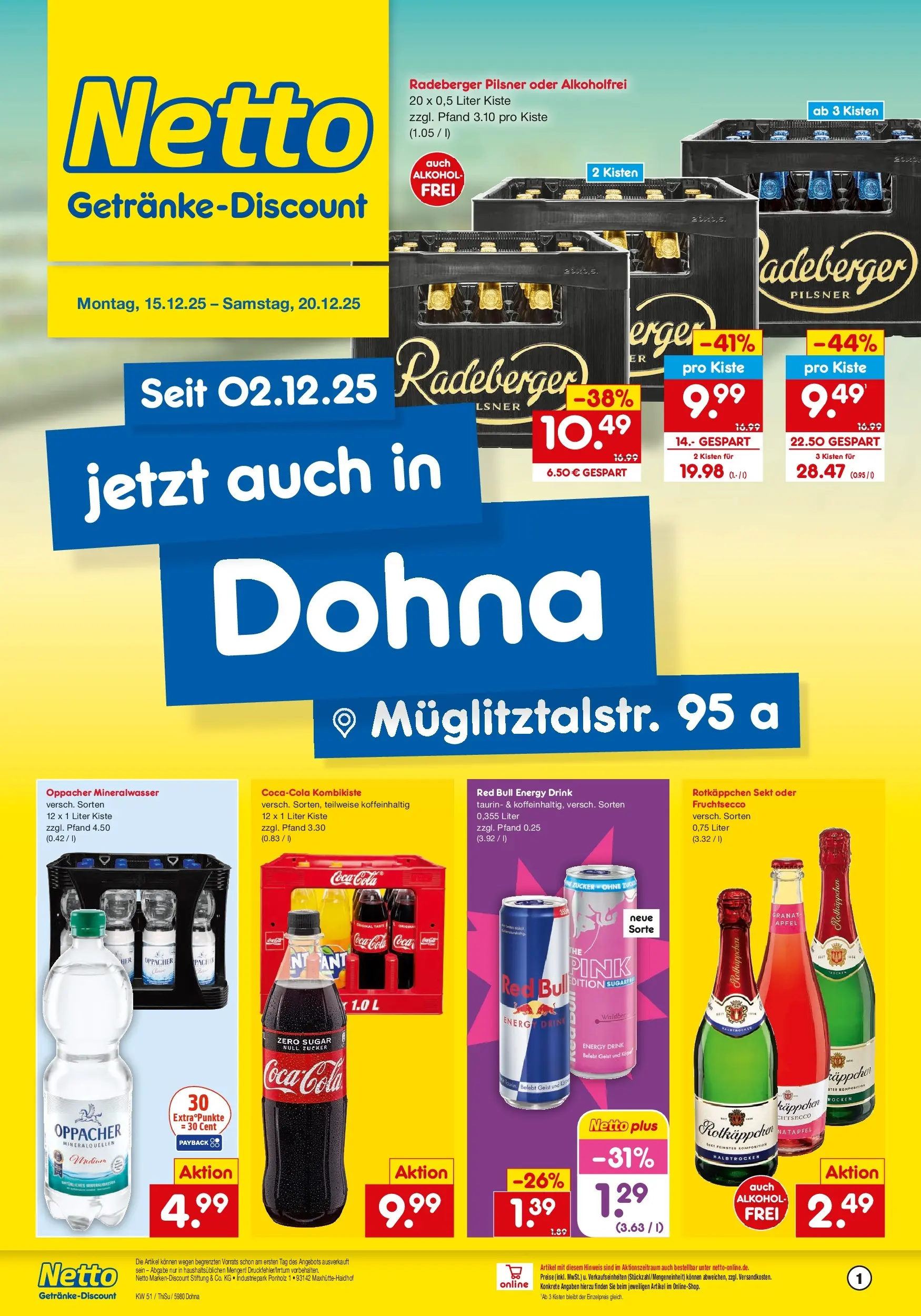 Netto Marken-Discount prospekt Dohna	 (ab 15.12.2025) » Angebote | Seite: 1 | Produkte: Red bull, Äpfel, Mineralwasser, Rotkäppchen