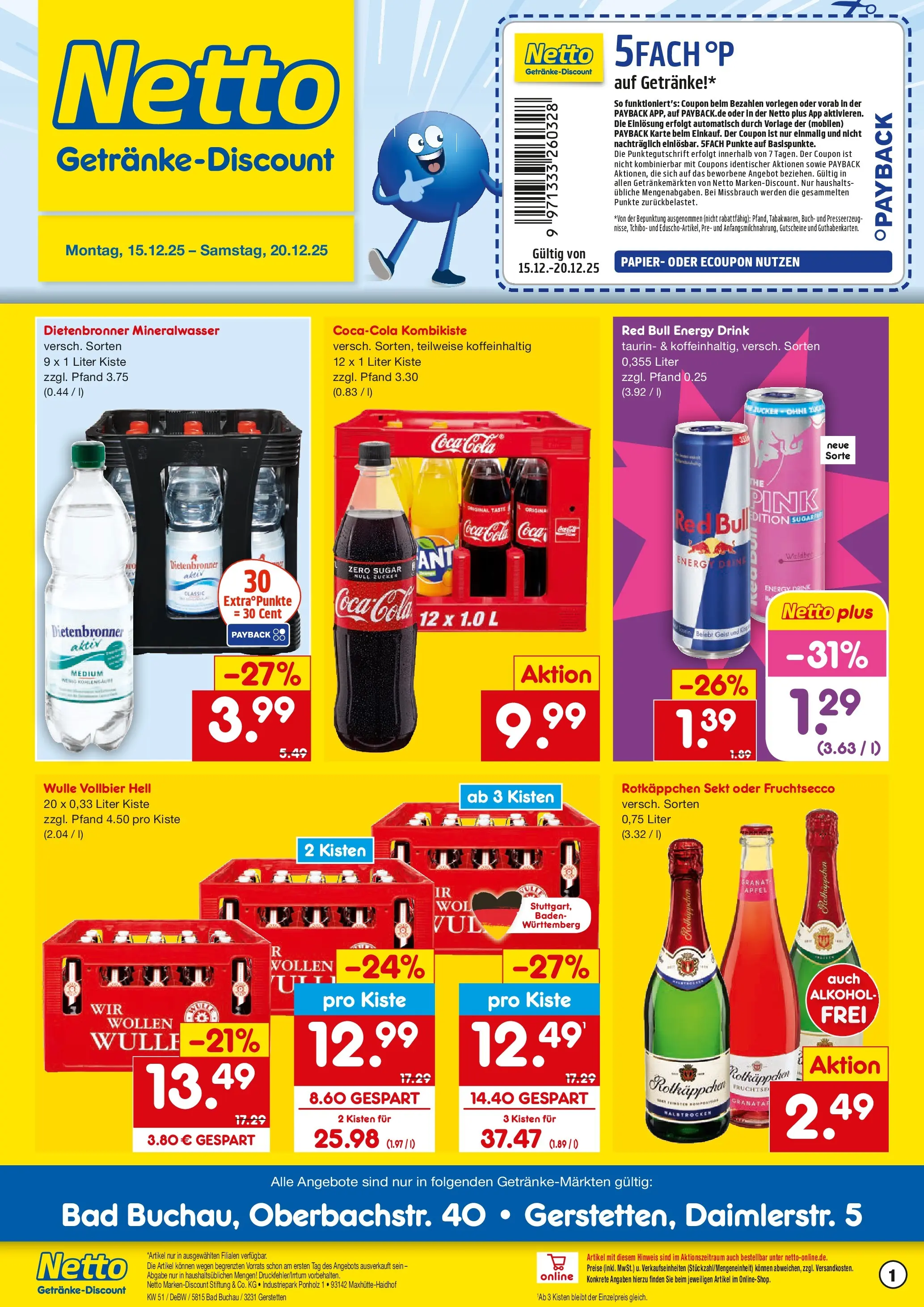 Netto Marken-Discount prospekt Gerstetten	 (ab 15.12.2025) » Angebote | Seite: 1 | Produkte: Rotkappchen sekt, Red bull, Äpfel, Mineralwasser