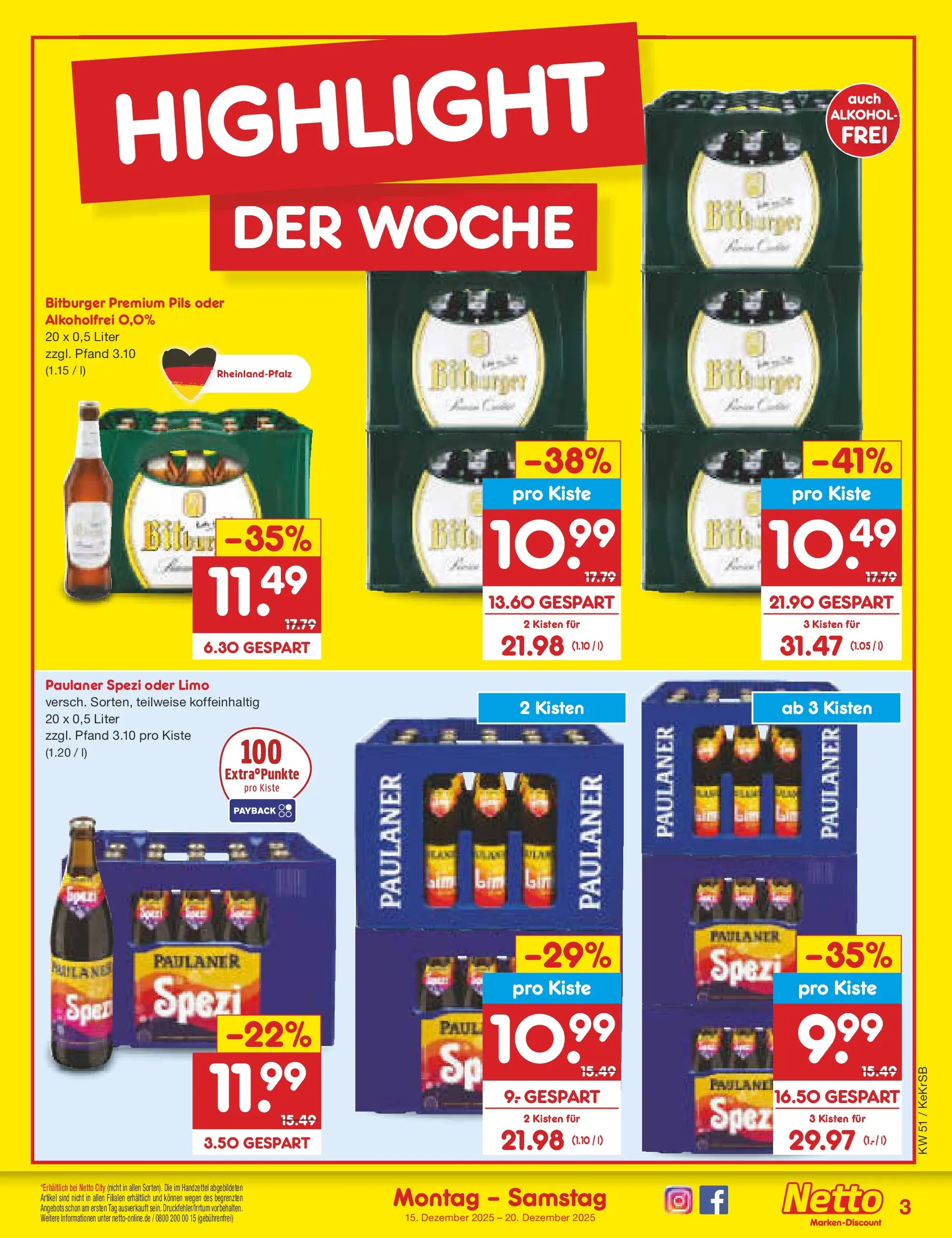 Netto Marken-Discount prospekt Kruft (ab 15.12.2025) » Angebote | Seite: 3 | Produkte: Bitburger, Paulaner spezi, Pils, Paulaner Netto Marken-Discount prospekt Kruft (ab 15.12.2025) » Angebote | Seite: 3 | Produkte: Bitburger, Paulaner spezi, Pils, Paulaner