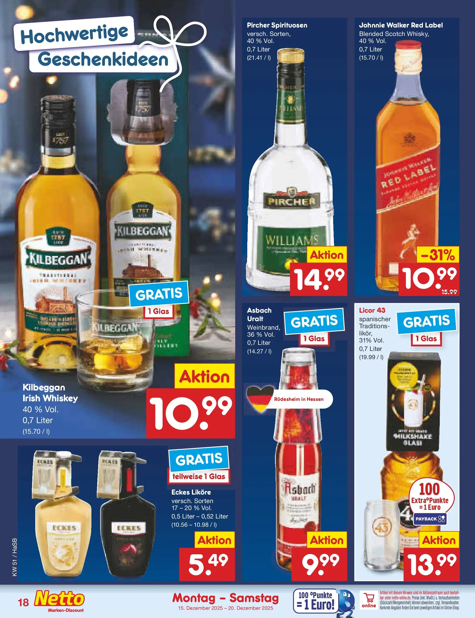 Netto Marken-Discount prospekt Wuppertal (ab 15.12.2025) » Angebote | Seite: 20 | Produkte: Whiskey, Johnnie walker, Asbach Netto Marken-Discount prospekt Wuppertal (ab 15.12.2025) » Angebote | Seite: 20 | Produkte: Whiskey, Johnnie walker, Asbach
