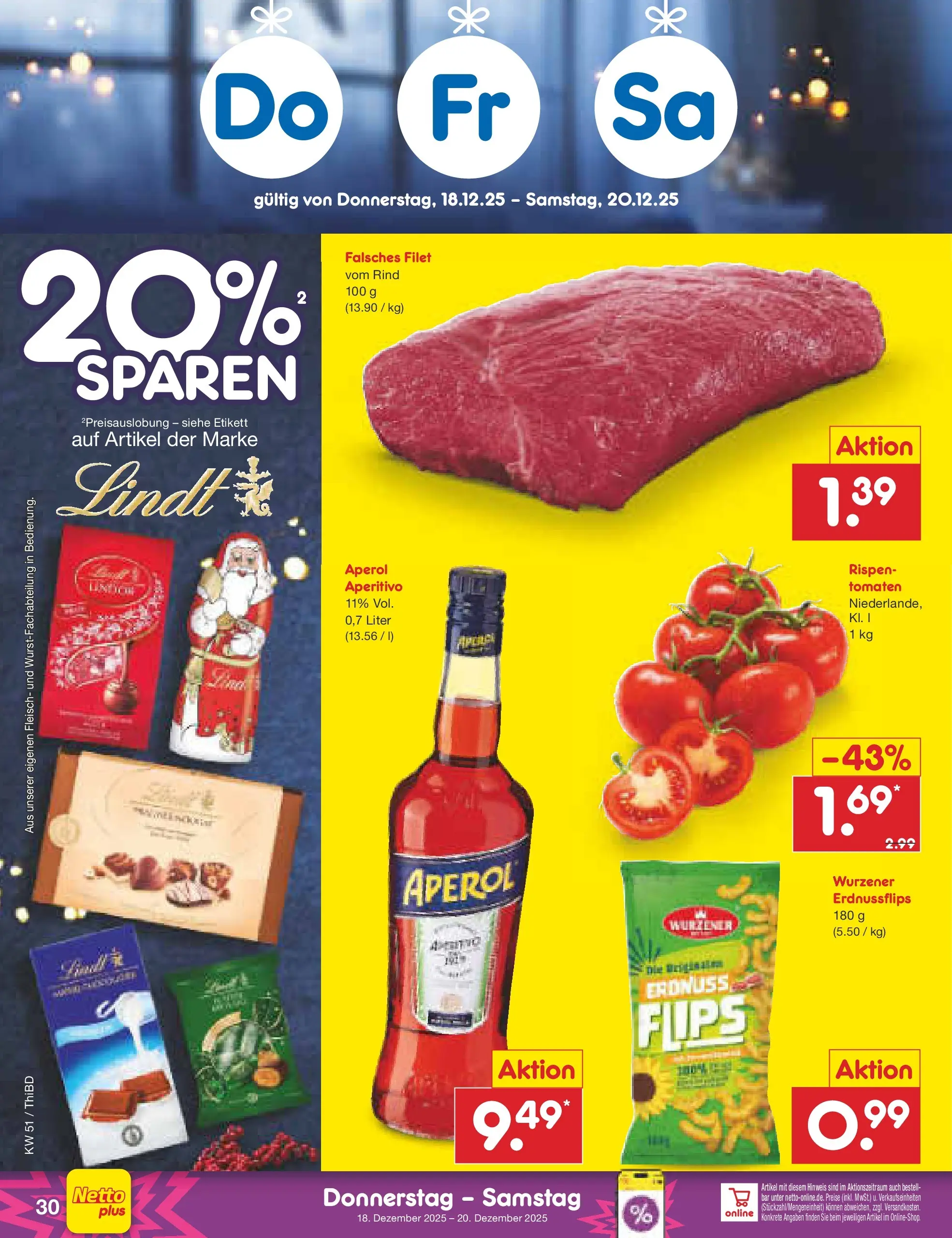 Netto Marken-Discount prospekt Thiendorf	 (ab 15.12.2025) » Angebote | Seite: 38 | Produkte: Tomaten, Aperol, Lindt, Fleisch