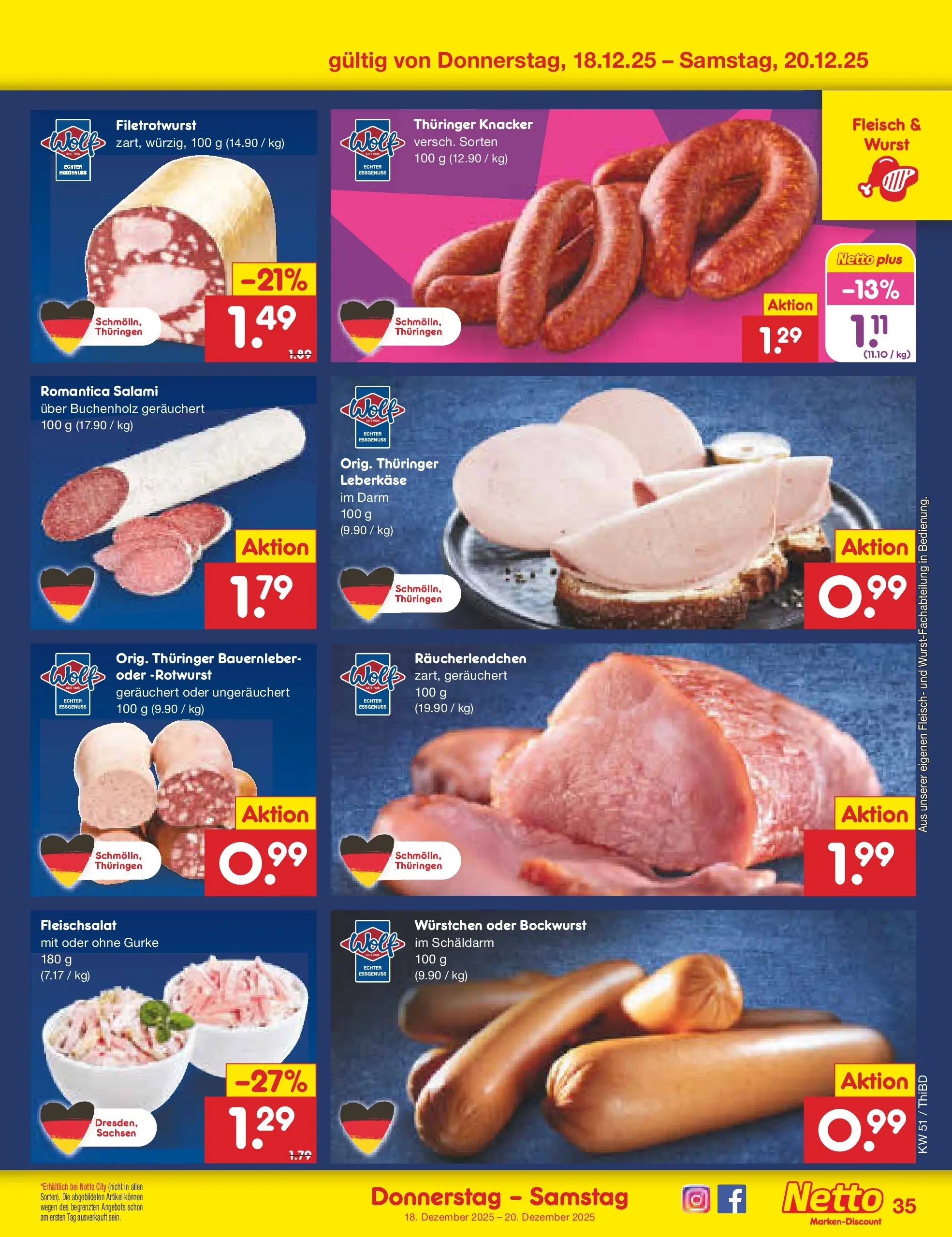 Netto Marken-Discount prospekt Thiendorf	 (ab 15.12.2025) » Angebote | Seite: 43 | Produkte: Bockwurst, Wurst, Salami, Leberkase