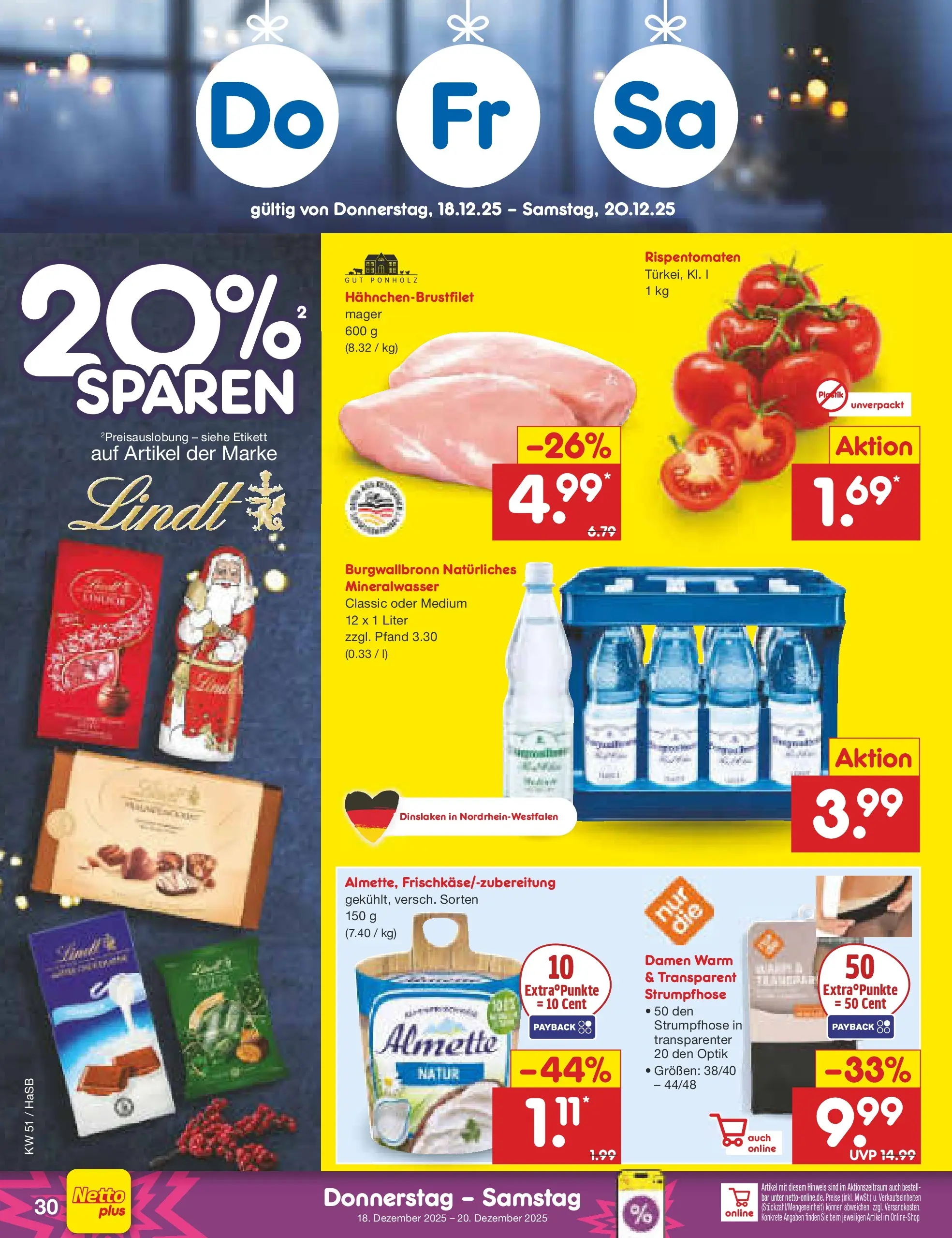 Netto Marken-Discount prospekt Wuppertal (ab 15.12.2025) » Angebote | Seite: 38 | Produkte: Almette, Mineralwasser, Lindt, Strumpfhose Netto Marken-Discount prospekt Wuppertal (ab 15.12.2025) » Angebote | Seite: 38 | Produkte: Almette, Mineralwasser, Lindt, Strumpfhose