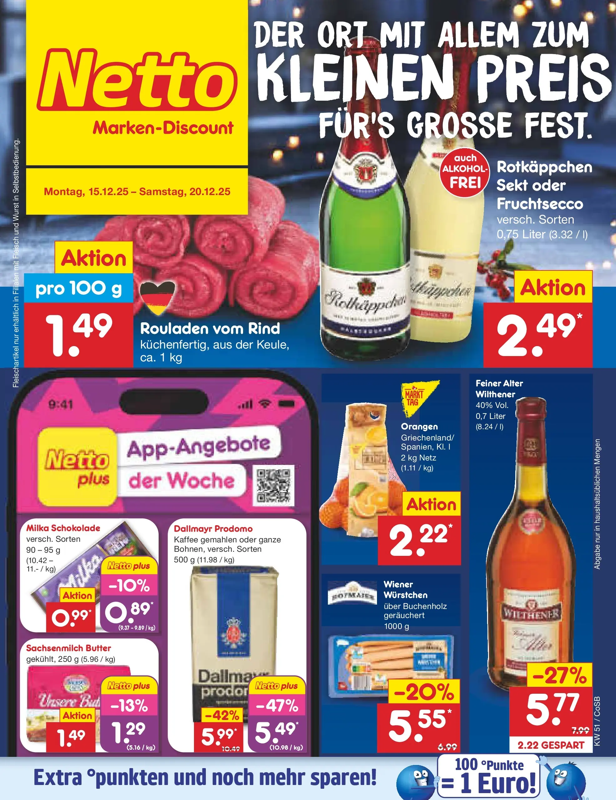 Netto Marken-Discount prospekt Bitterfeld-Wolfen	 (ab 15.12.2025) » Angebote | Seite: 1 | Produkte: Fruchtsecco, Rotkäppchen, Dallmayr prodomo, Fleisch
