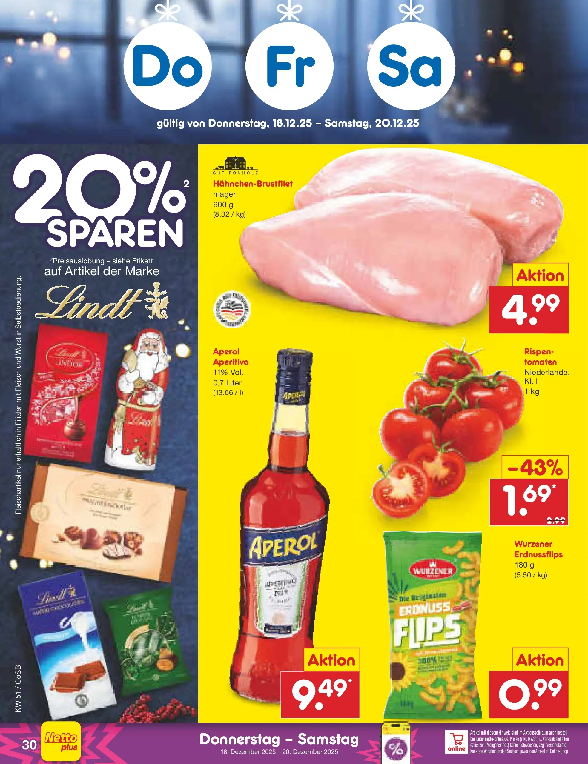 Netto Marken-Discount prospekt Bitterfeld-Wolfen	 (ab 15.12.2025) » Angebote | Seite: 38 | Produkte: Wurst, Aperol, Lindt, Fleisch