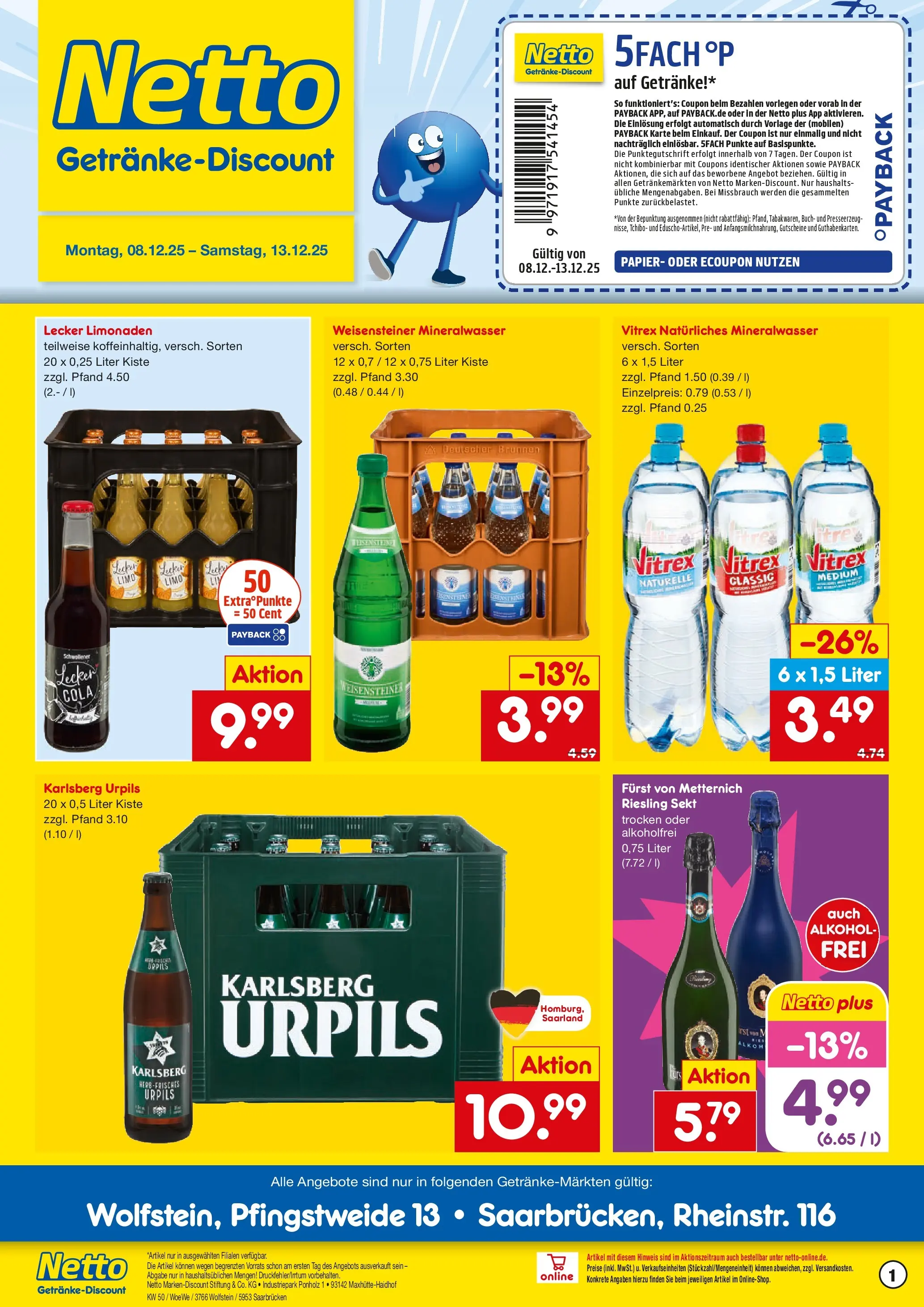 Netto Marken-Discount prospekt Saarbrücken	 (ab 08.12.2025) » Angebote | Seite: 1 | Produkte: Furst von metternich, Cola, Sekt, Mineralwasser