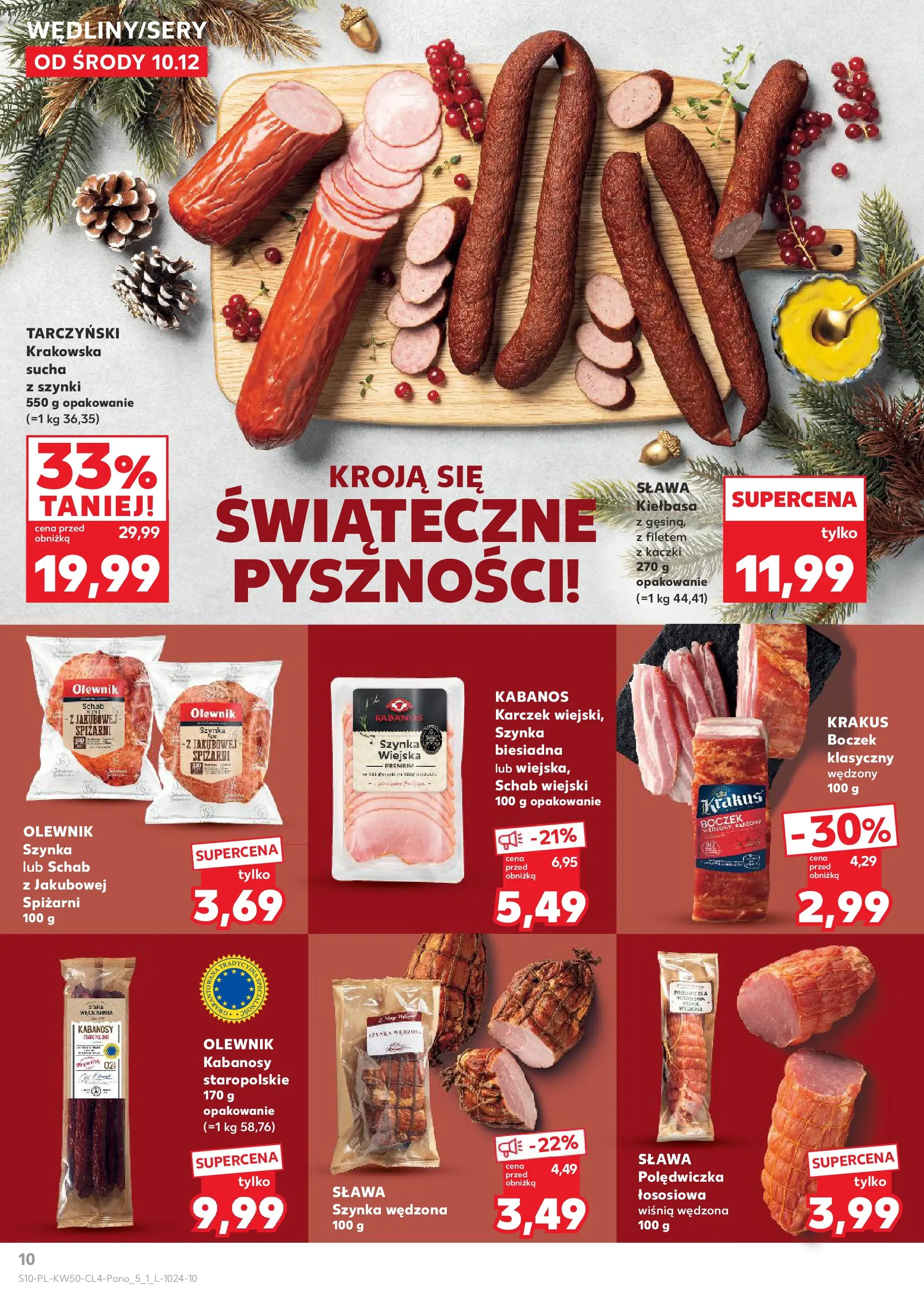 Kaufland gazetka od 10.12.2025 | Boże Narodzenie 🎄🎁 | Strona: 10 | Produkty: Kiełbasa, Schab, Kabanosy, Szynka