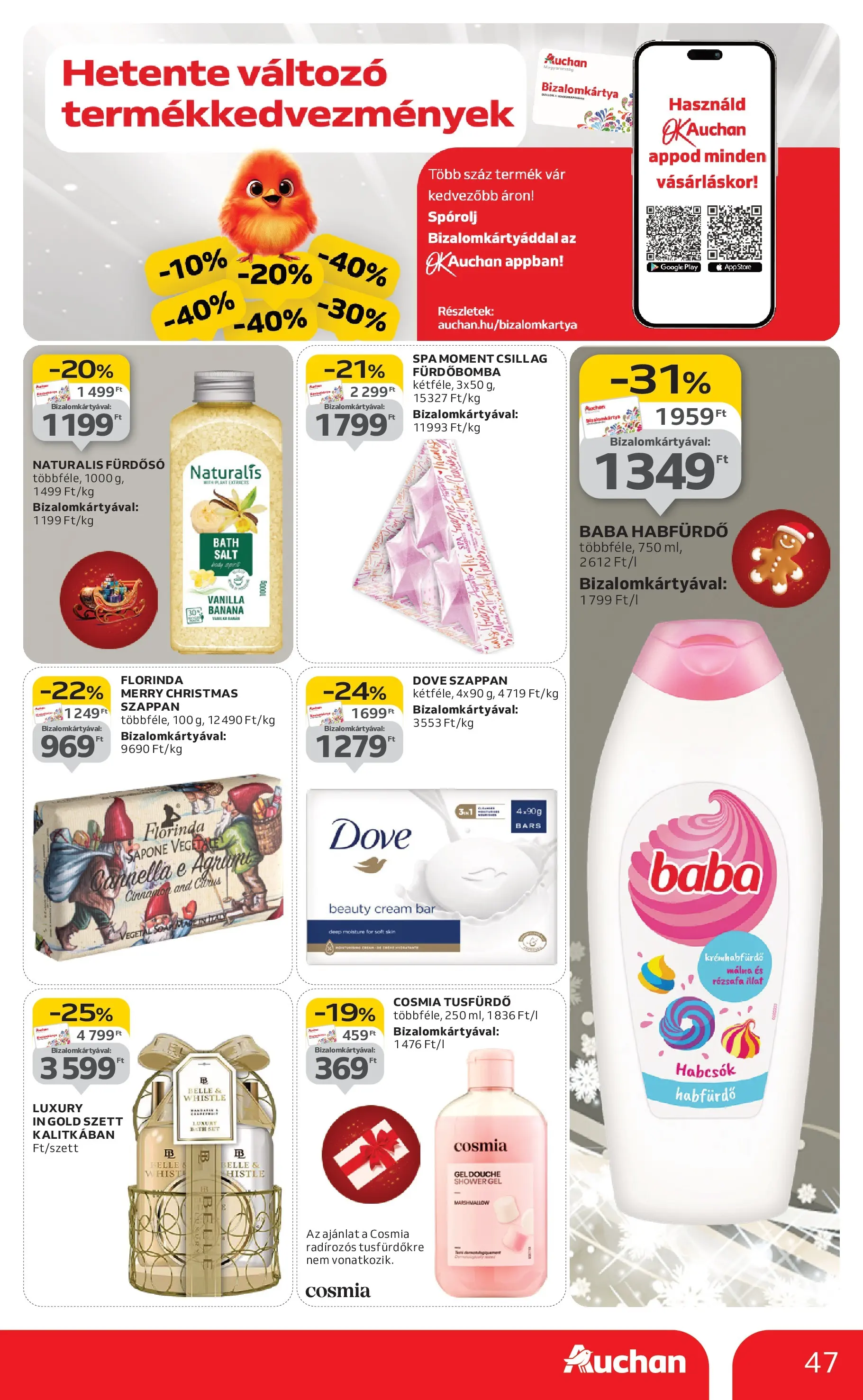 Auchan Akciós újság Miskolc - 2025.12.11. -tól/töl > akció, lapozható szórólap 🛍️ | Oldal: 47 | Termékek: Fürdőbomba, Fürdősó, Szappan, Tusfürdő