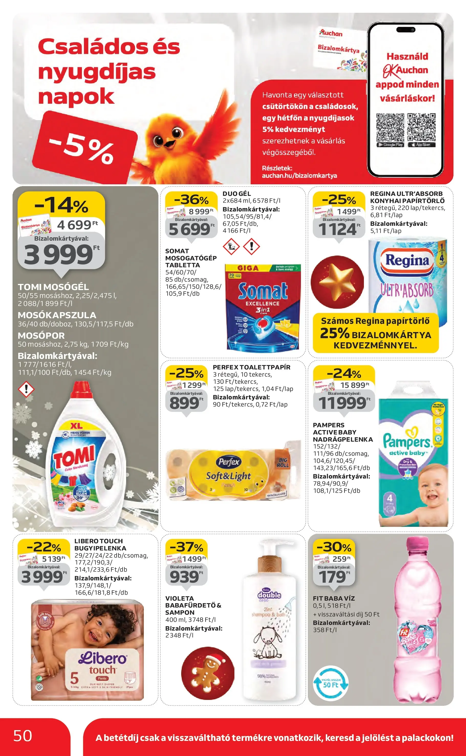 Auchan Akciós újság Miskolc - 2025.12.11. -tól/töl > akció, lapozható szórólap 🛍️ | Oldal: 50 | Termékek: Pampers, Somat, Papírtörlő, Mosókapszula