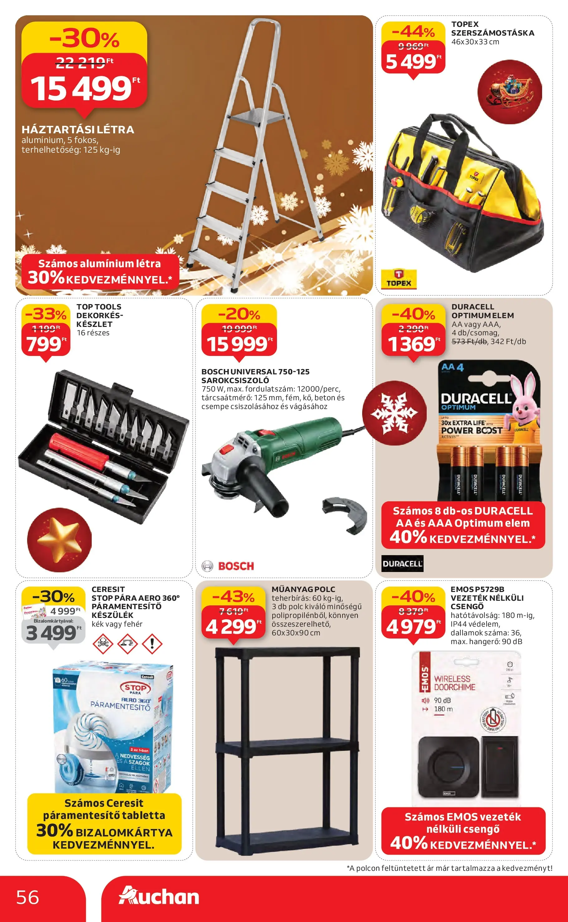 Auchan Akciós újság Miskolc - 2025.12.11. -tól/töl > akció, lapozható szórólap 🛍️ | Oldal: 56 | Termékek: Sarokcsiszoló, Polc, Létra, Csempe